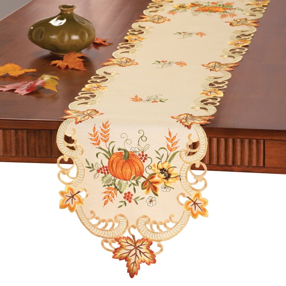 Fall Embroidered Pumpkin and Leaves Table Runner