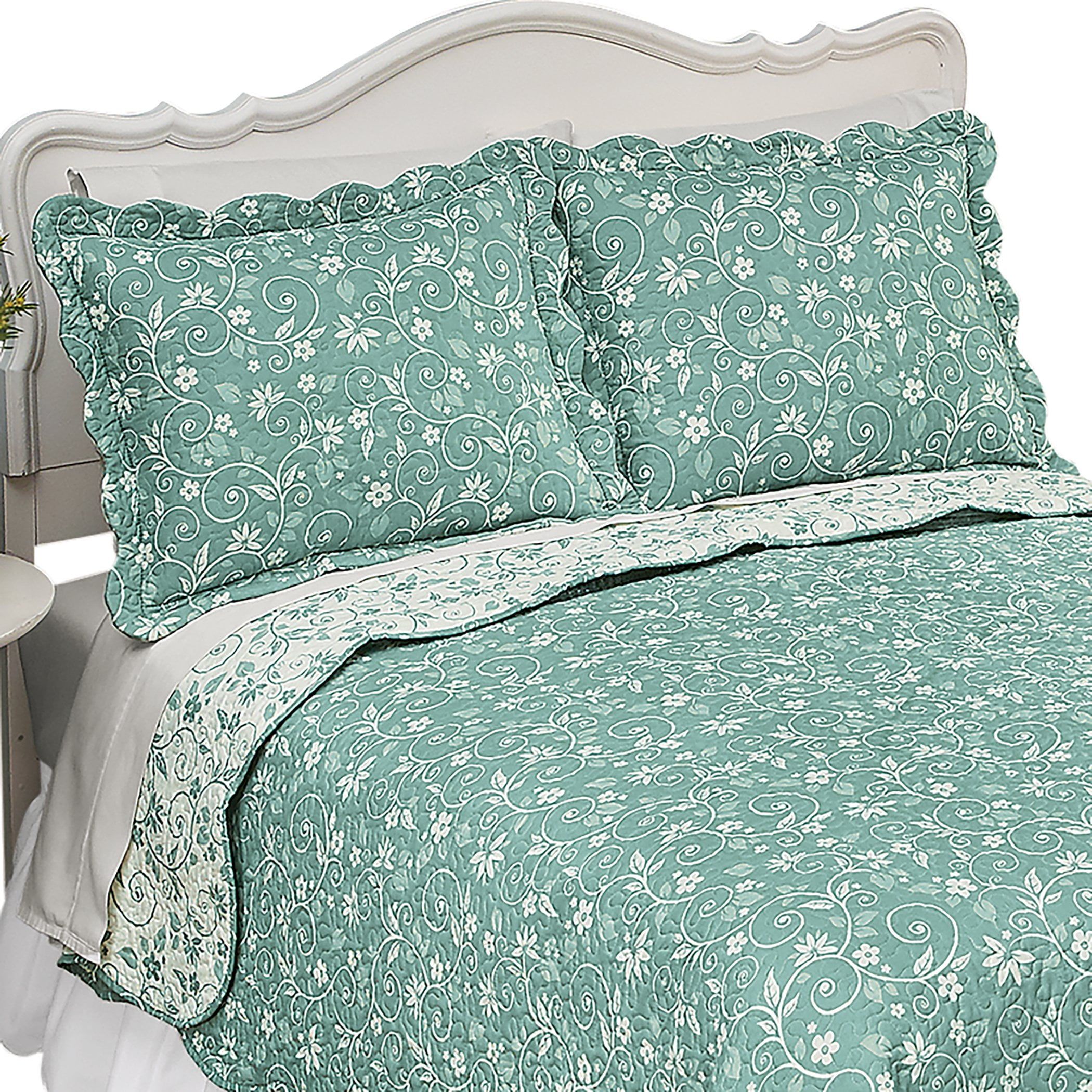 Sage Floral Scroll Reversible Polyester Pillow Sham with Scalloped Edges