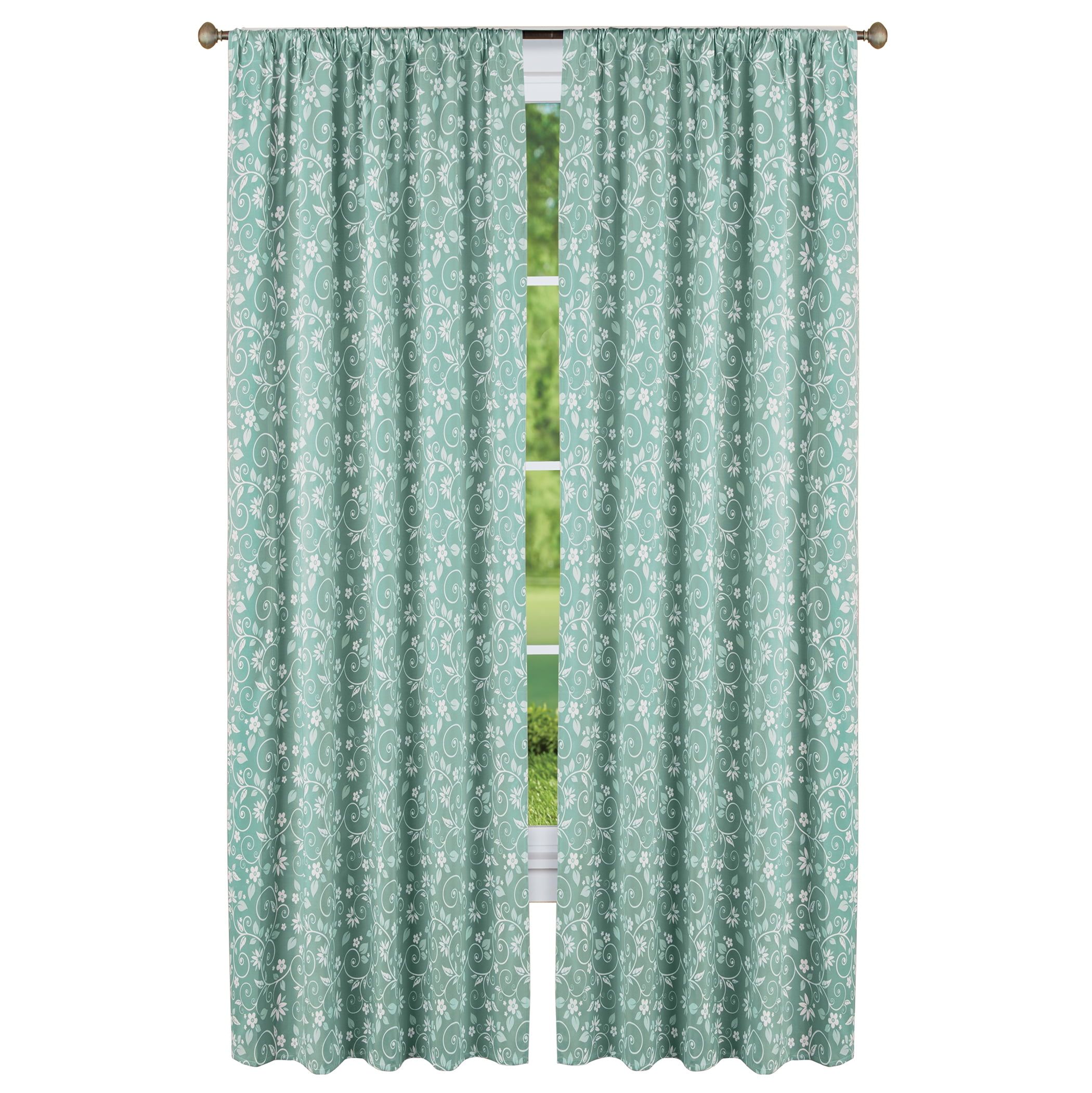 Sage Floral Scrolling Vine Pattern Rod Pocket Window Panel Pair