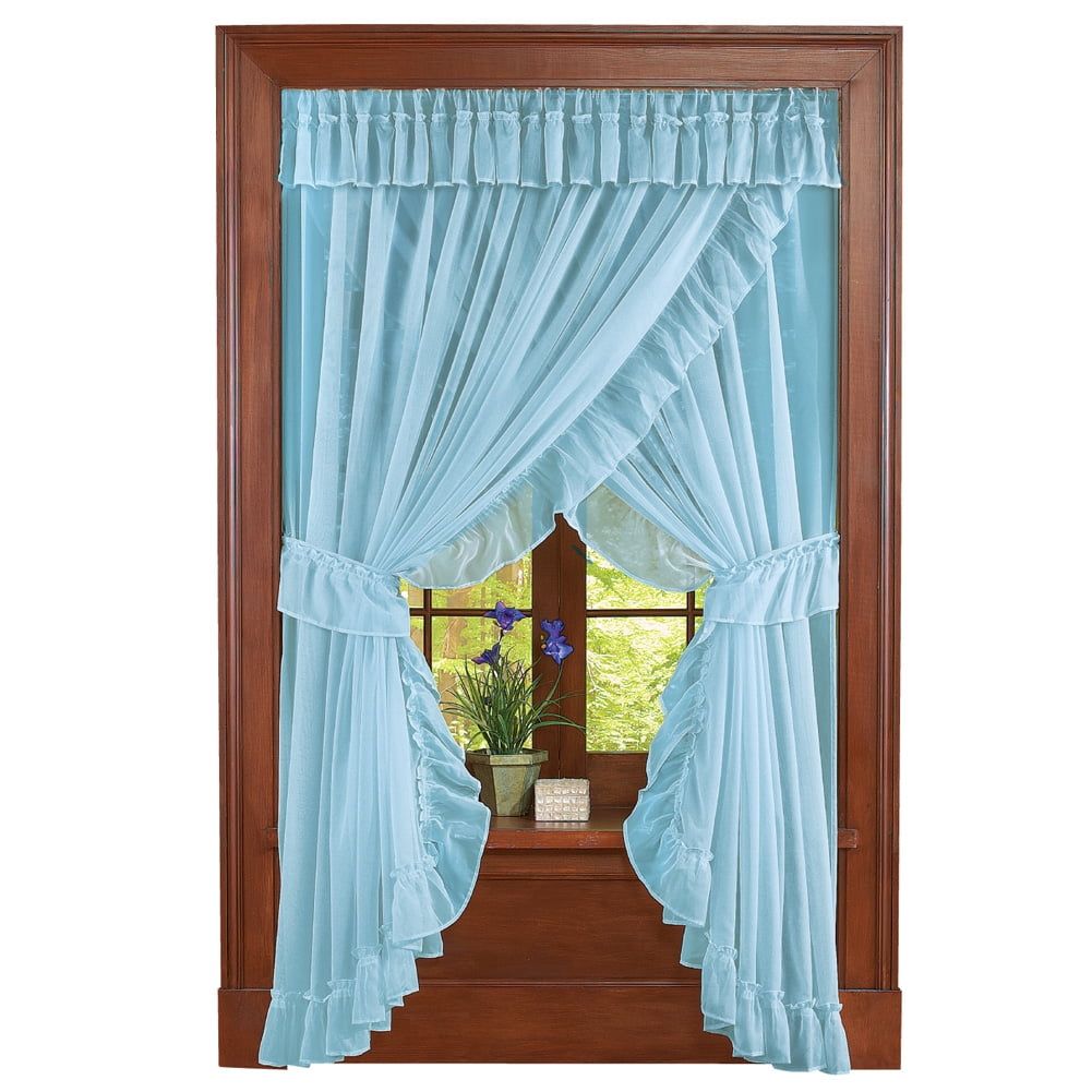 Isabella Ruffled Sheer Blue Polyester Rod Pocket Window Curtain Set