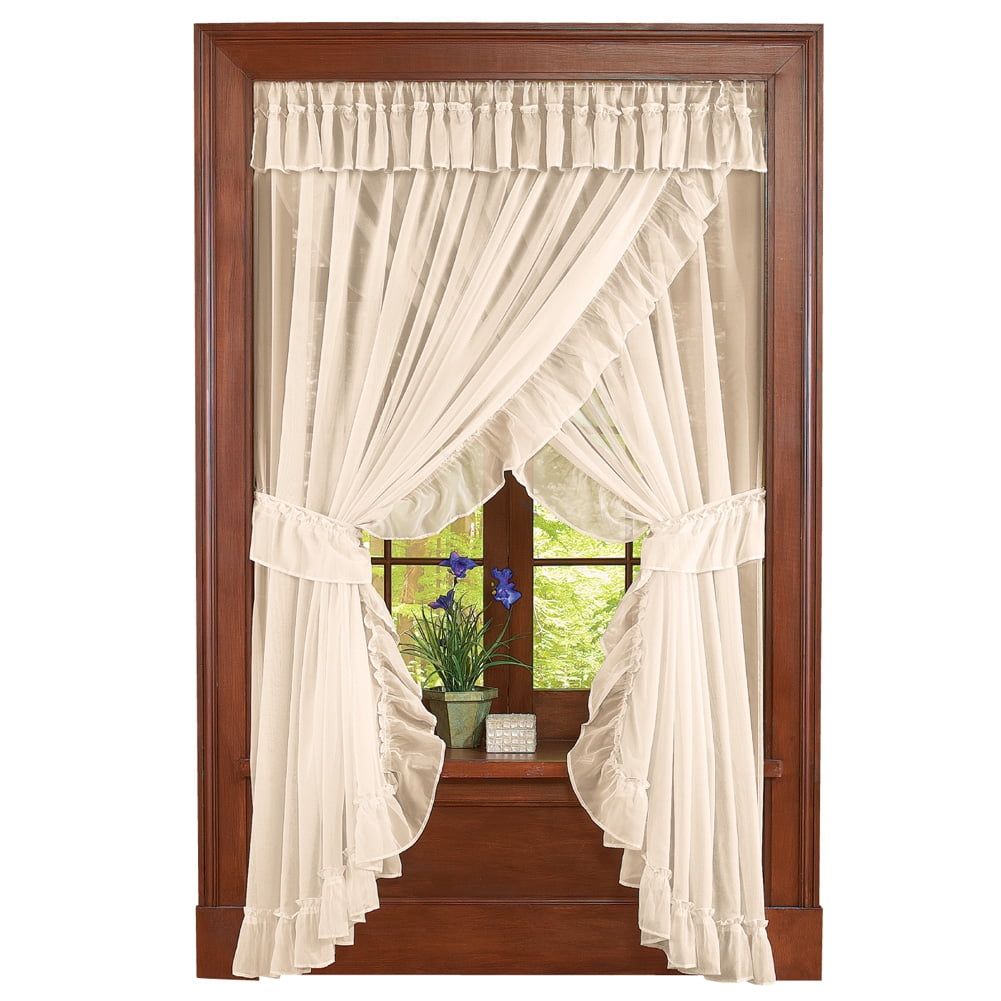 Off-White Sheer Lace Detail Rod Pocket Window Curtain Set