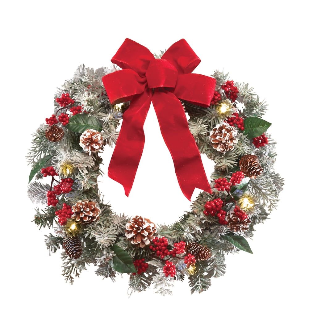 Lighted Frosted Pine Winter Wreath with Red Bow