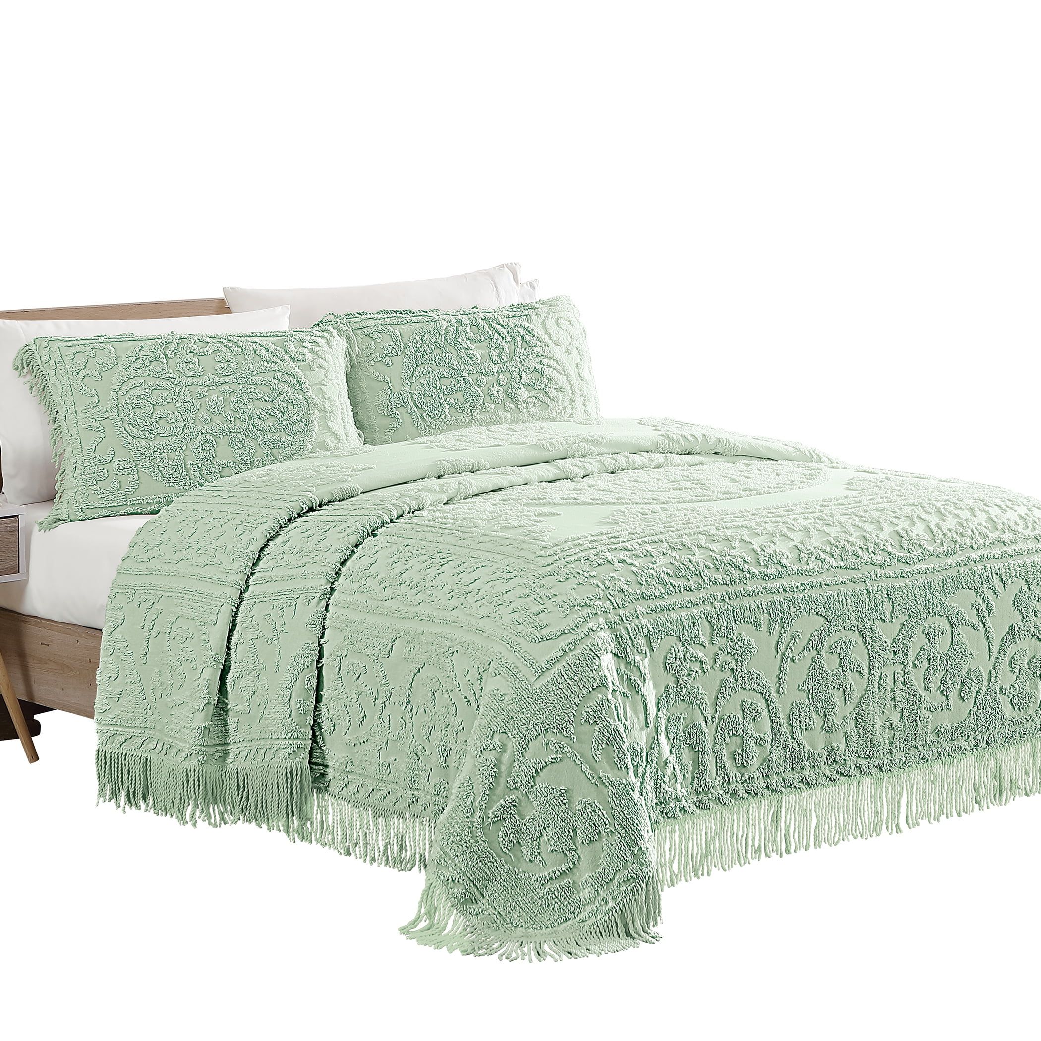 Sage Green Cotton Chenille Queen Bedspread with Medallion Design