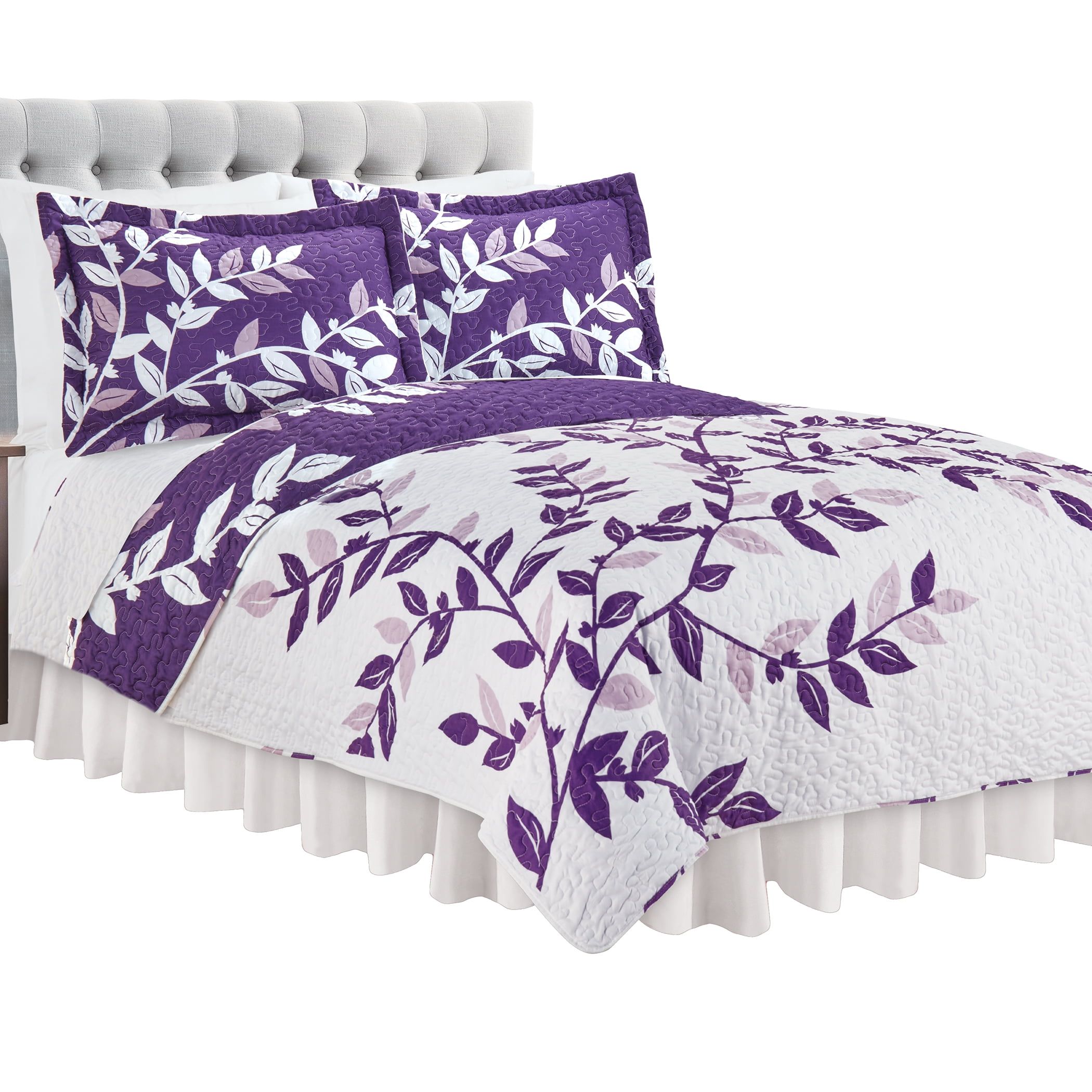 Plum and White Reversible King Quilt Set with Branch Design