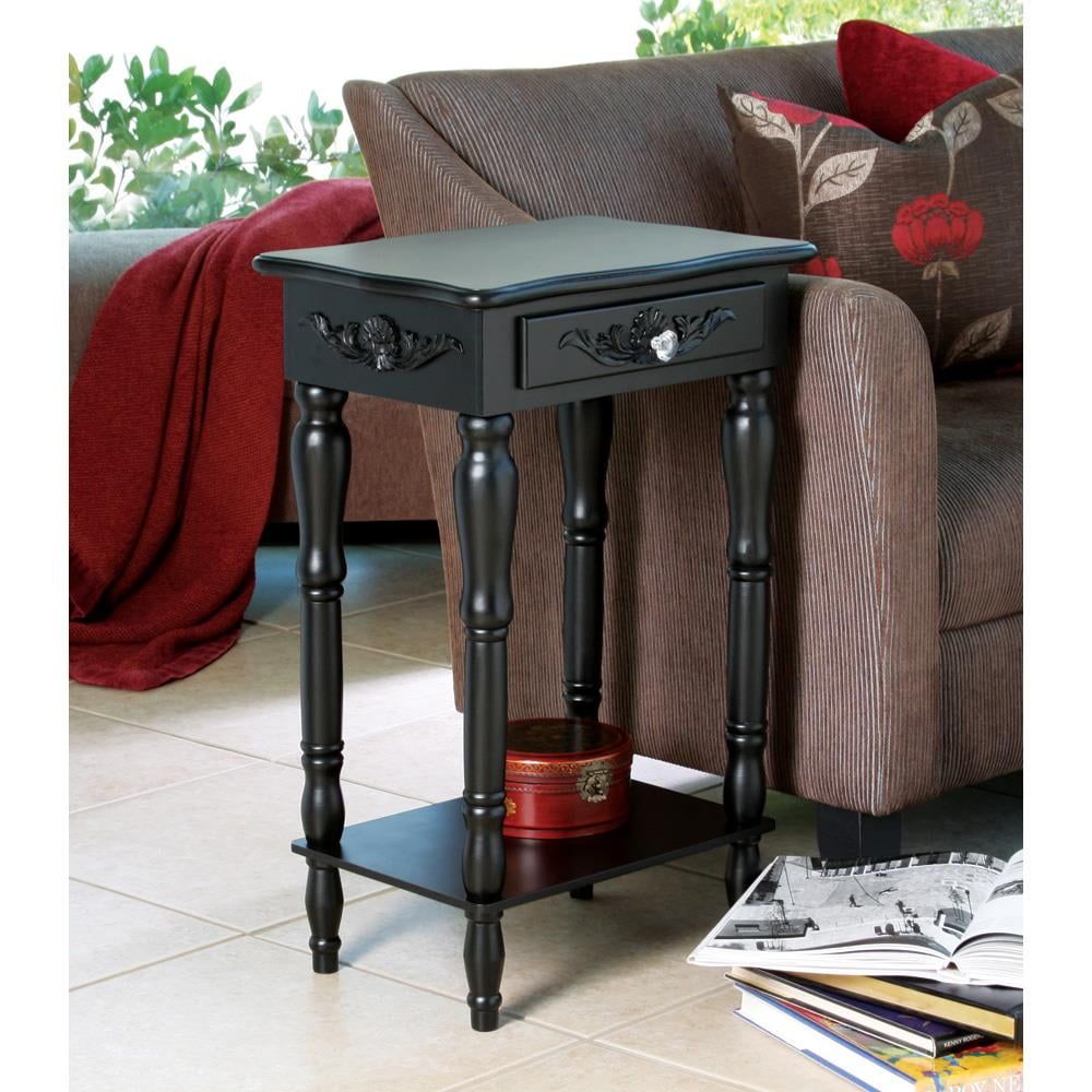 Curvy Carved Black Wood Side Table with Storage