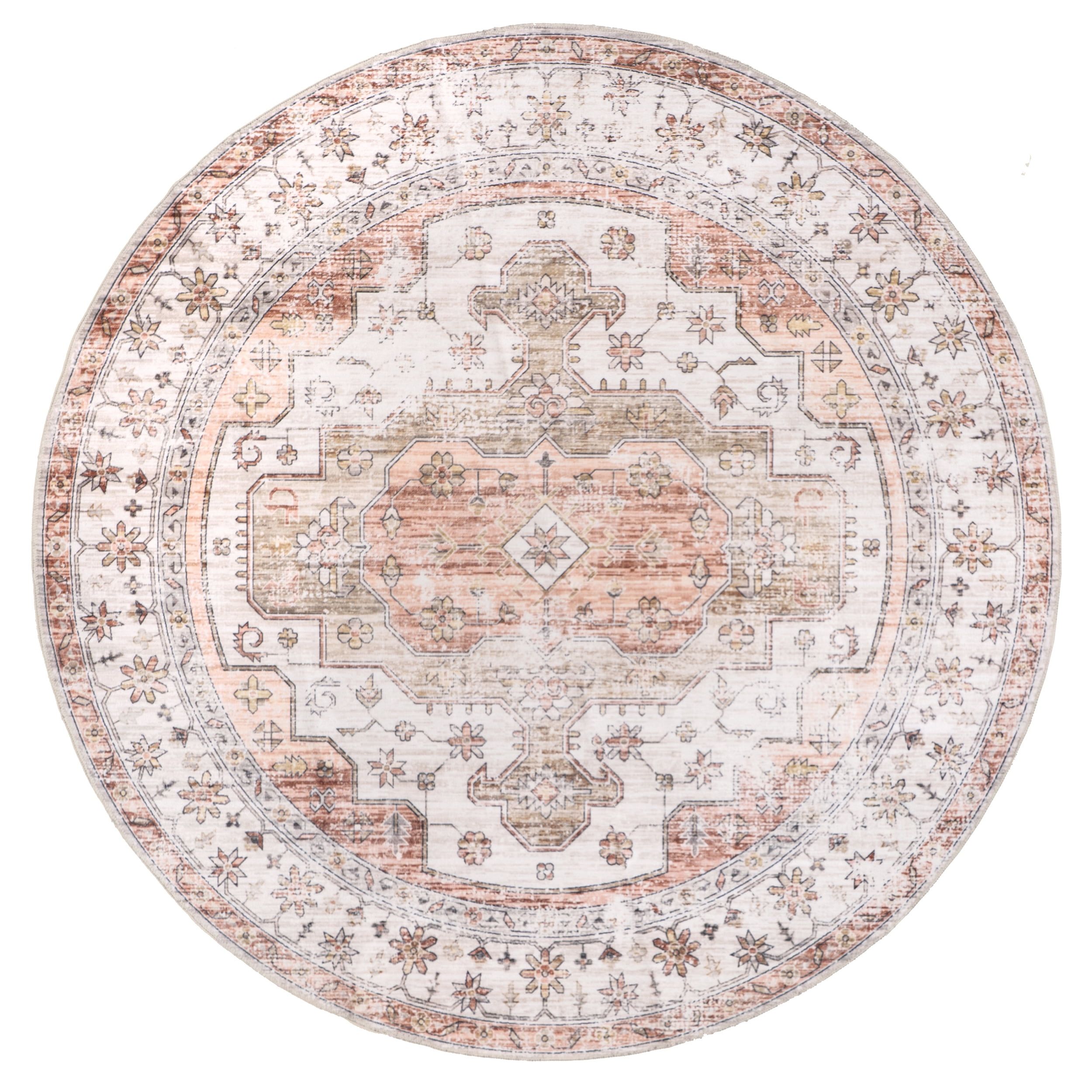 Vintage Beige and Tan Round Synthetic Washable Area Rug, 6'