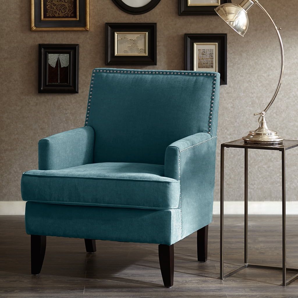 Blue Velvet Accent Chair with Wooden Legs