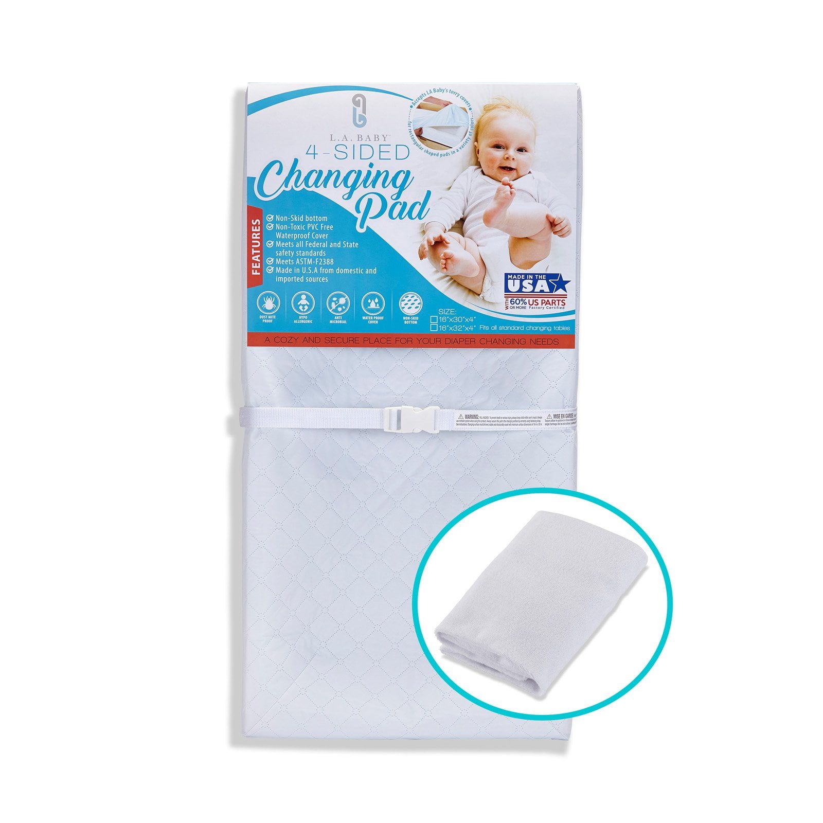 White Waterproof 4-Sided Diaper Changing Pad with Terry Cover