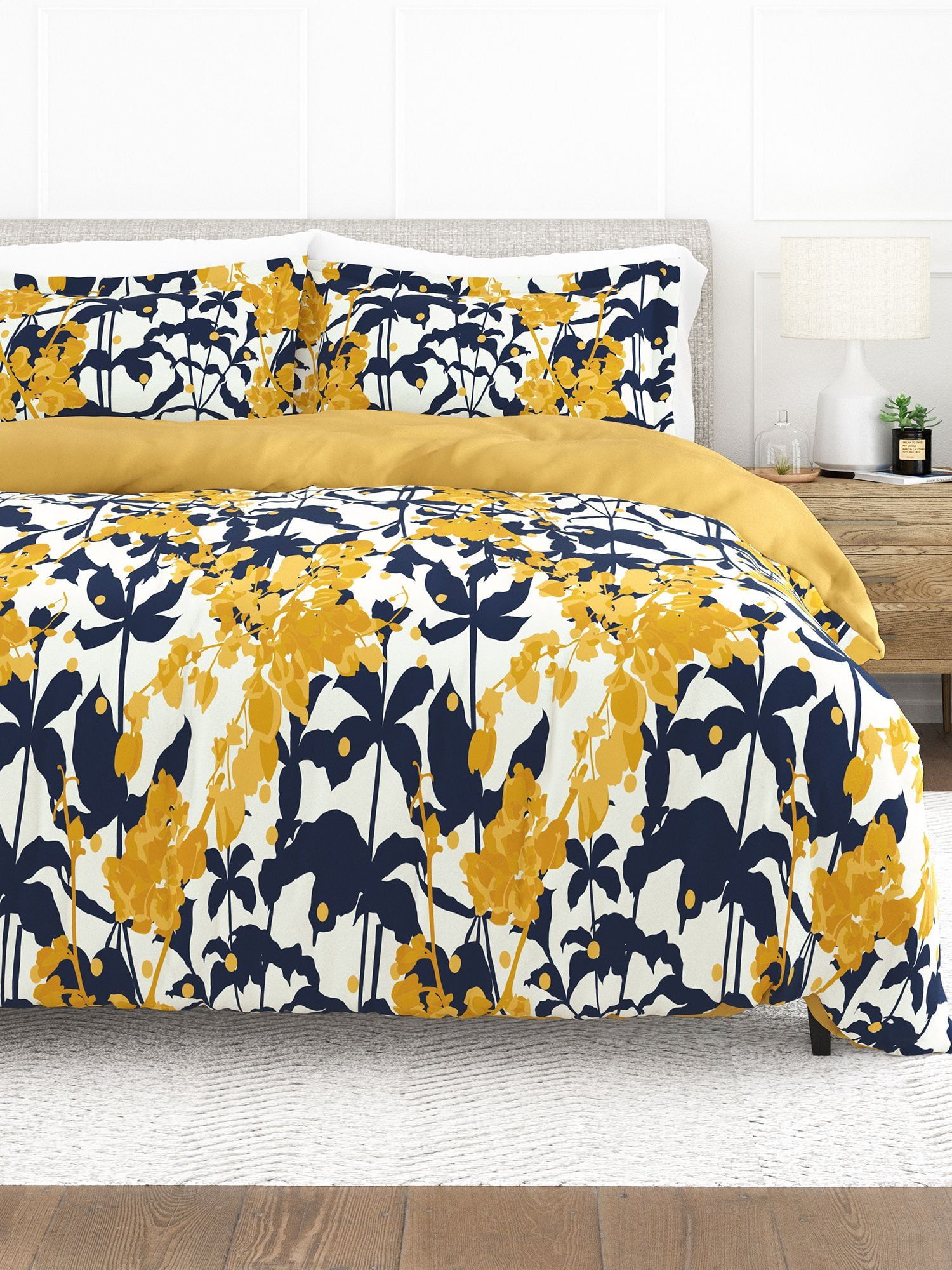 Yellow and Navy Boho Floral King/California King Duvet Cover Set