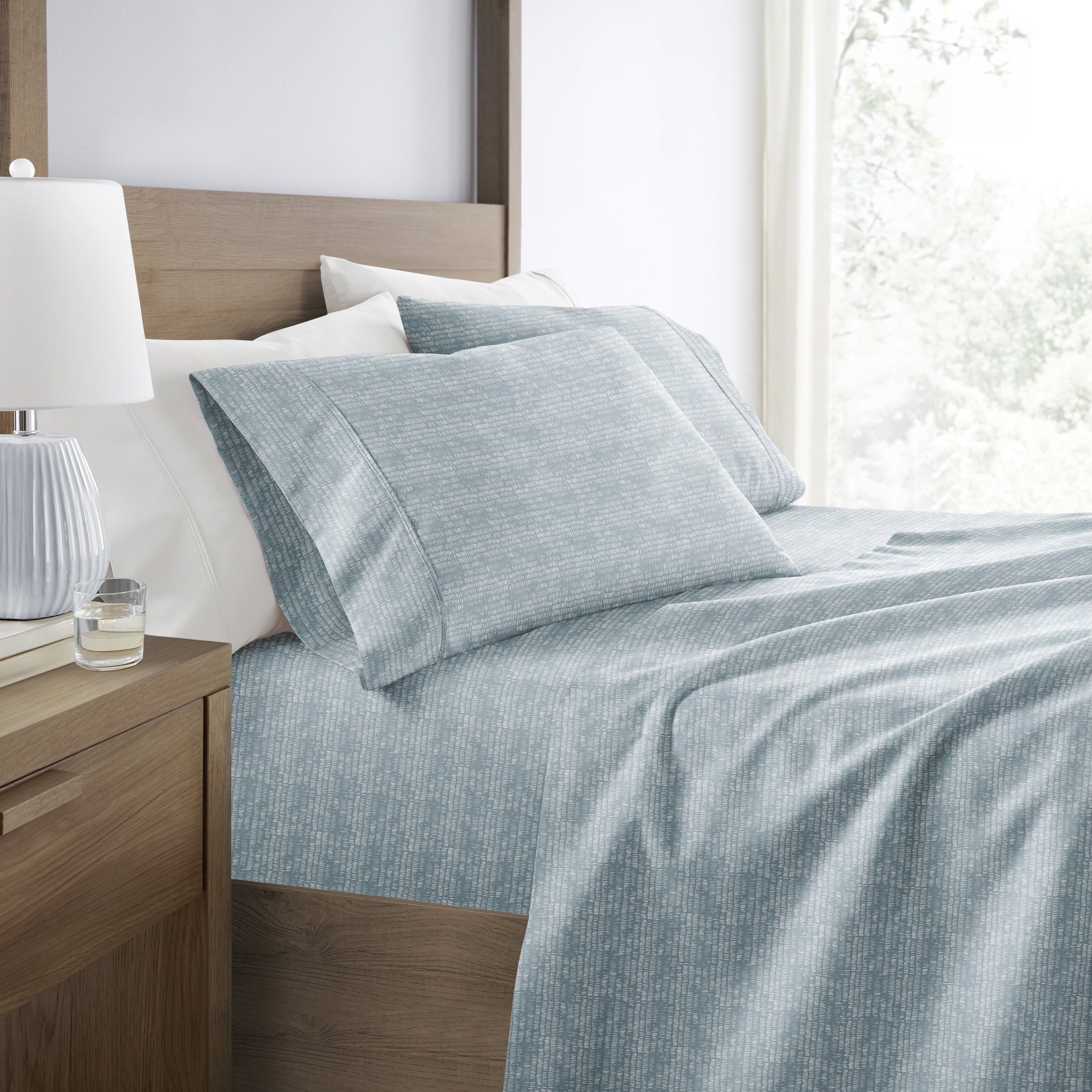 King Size Light Blue Cotton Microfiber Floral Sheet Set