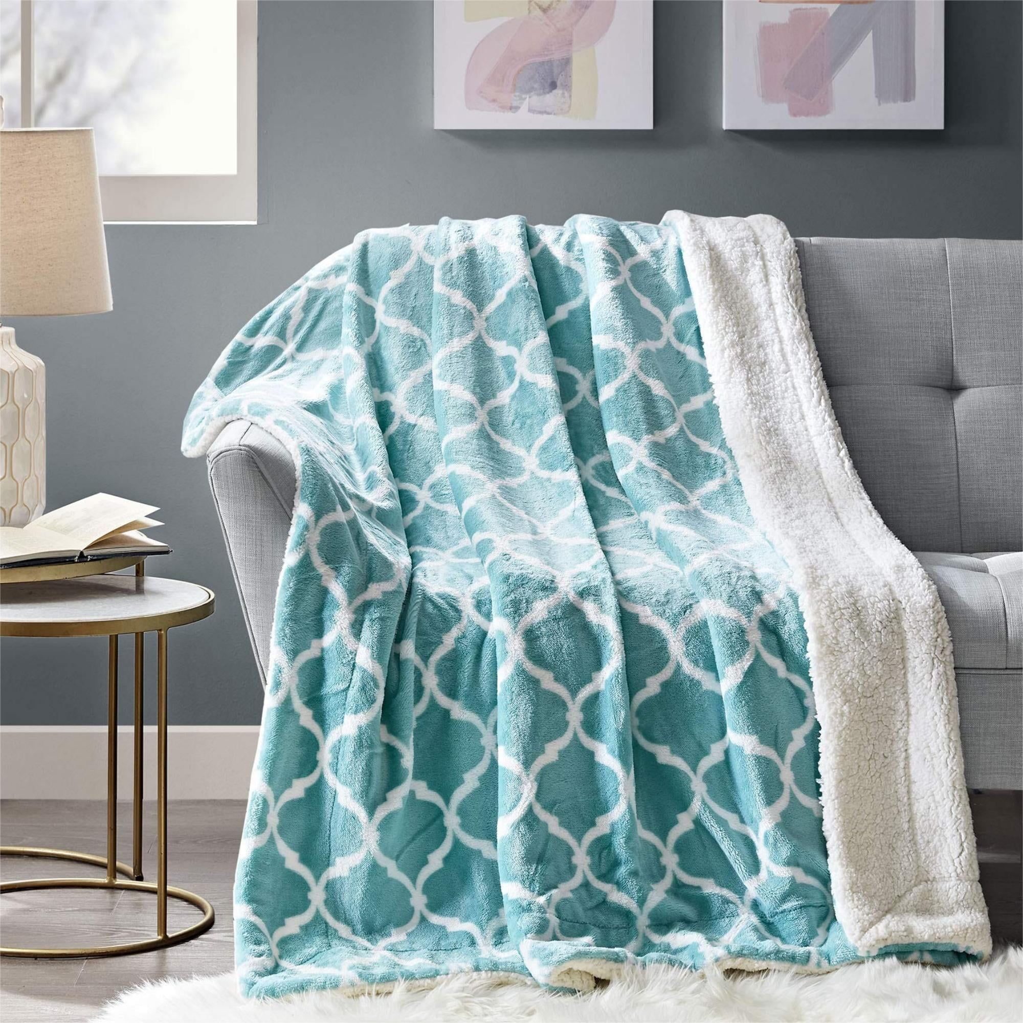 Aqua Ogee 50"x60" Reversible Fleece and Sherpa Throw Blanket