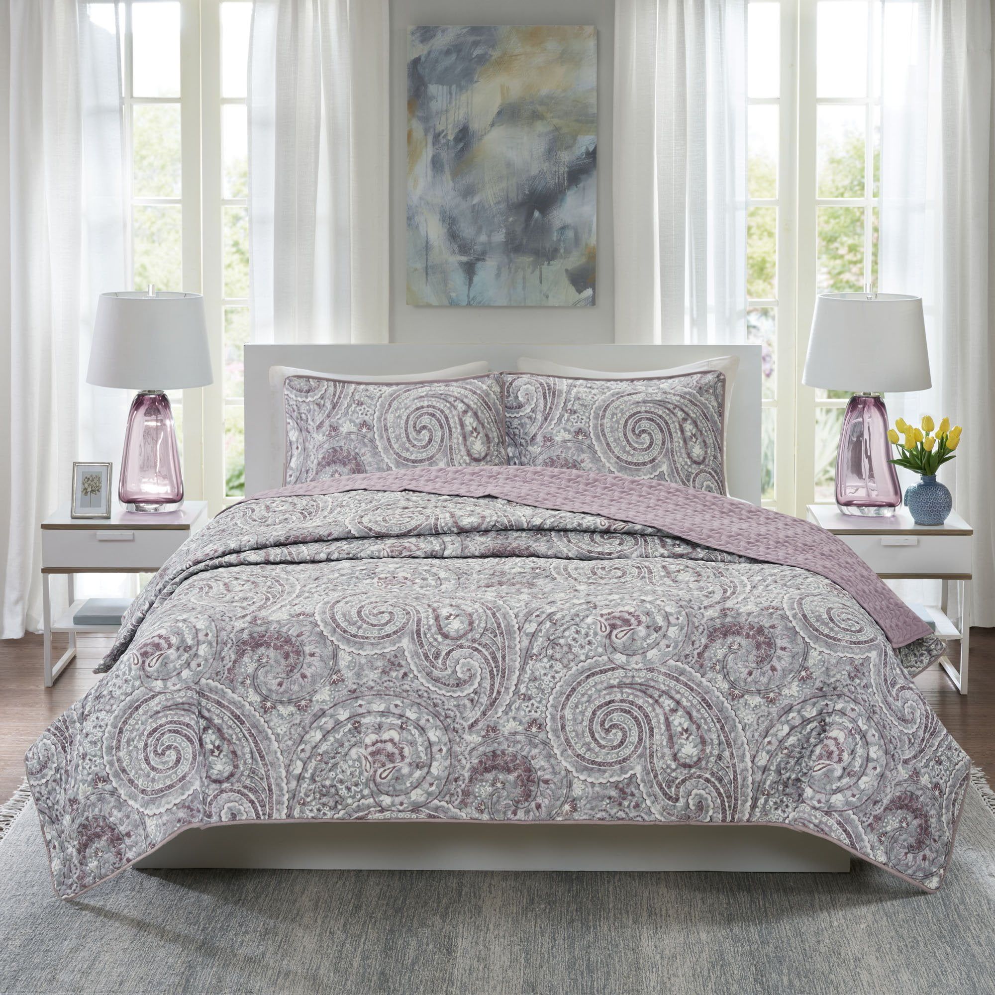 Purple Paisley Reversible Microfiber Full Quilt Set