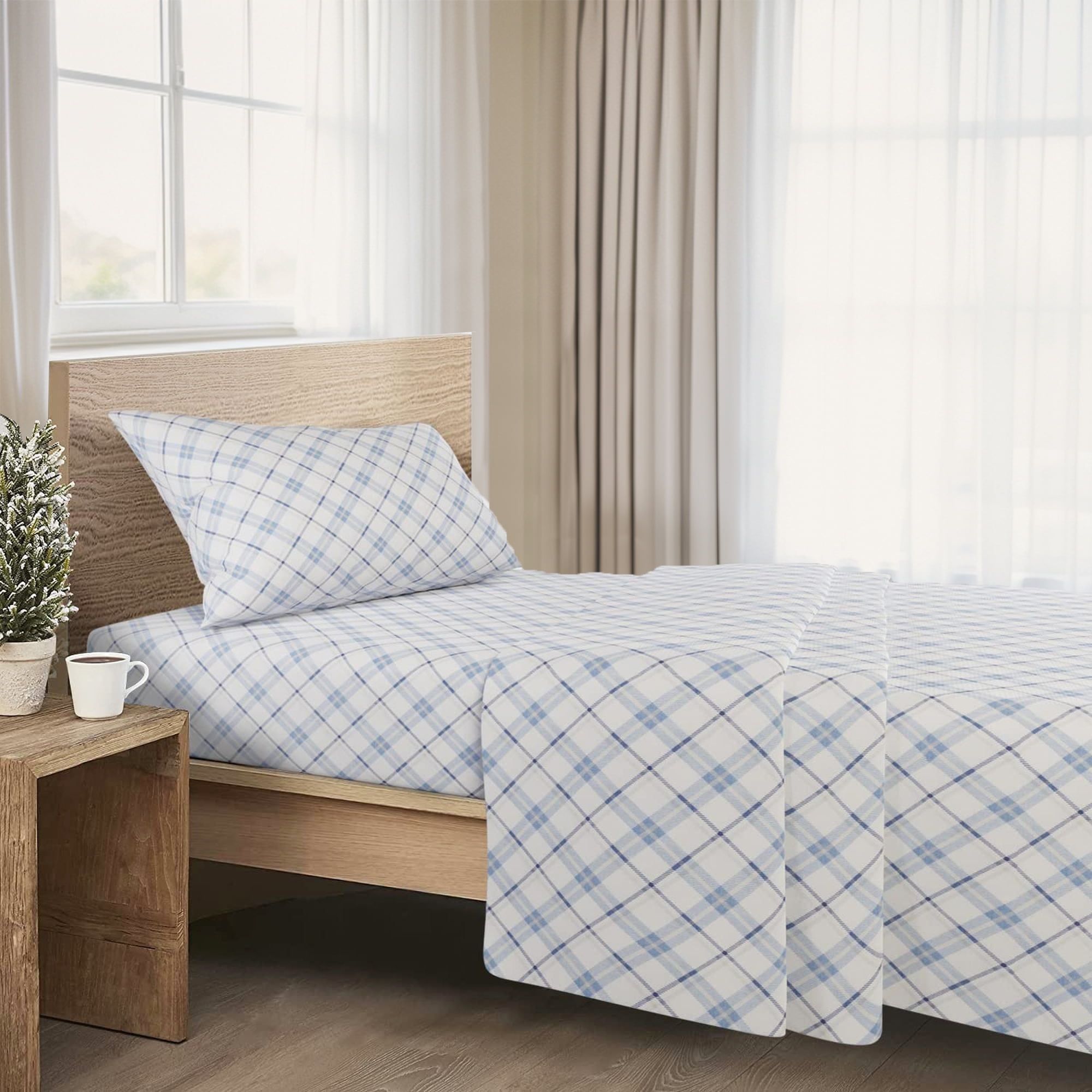 Plaid Blue Cotton Flannel Full Sheet Set with Deep Pockets