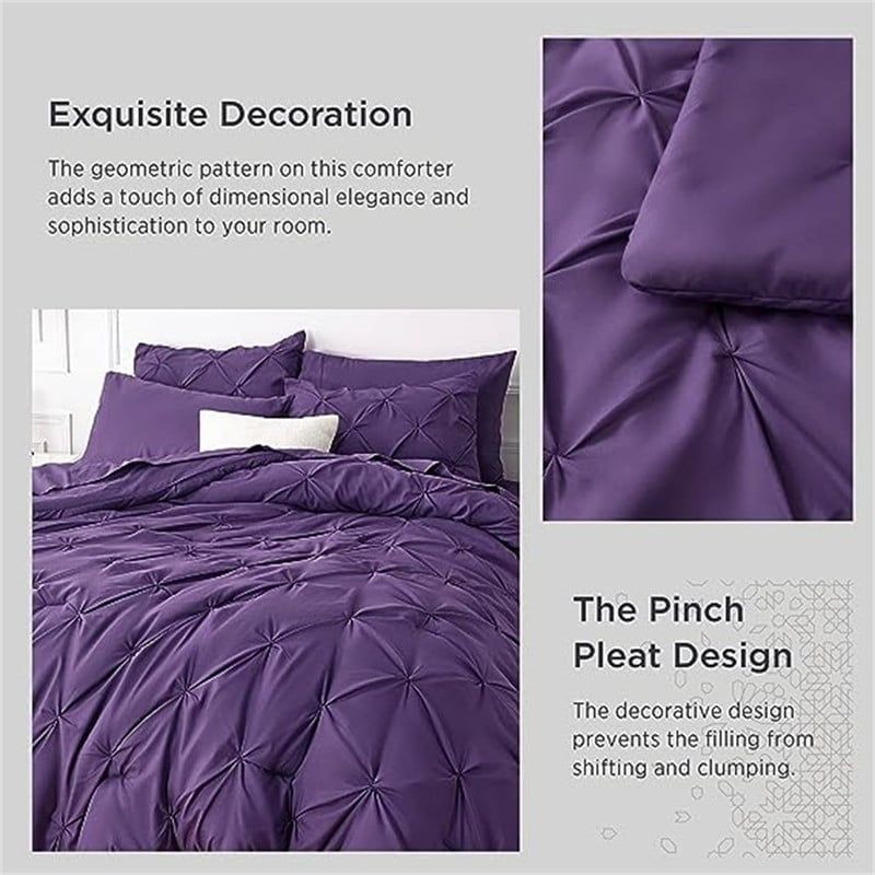 Purple Microfiber King Comforter Set with Pinch Pleat Design