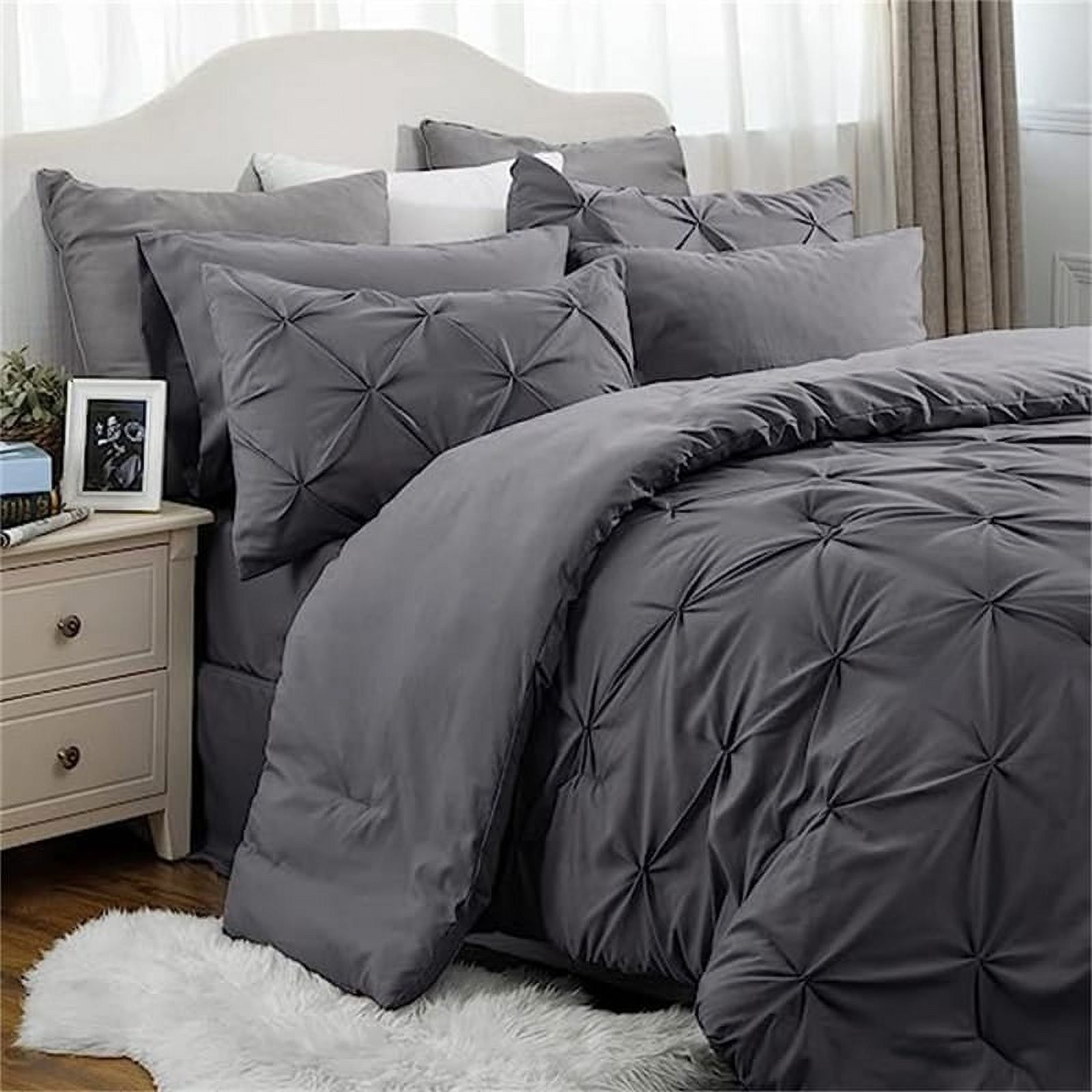 Gray Microfiber Queen Comforter Set with Geometric Pleats