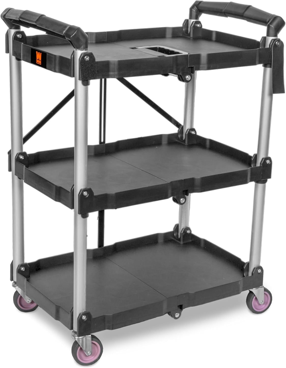 Compact Black and Silver Foldable Three-Tier Utility Cart