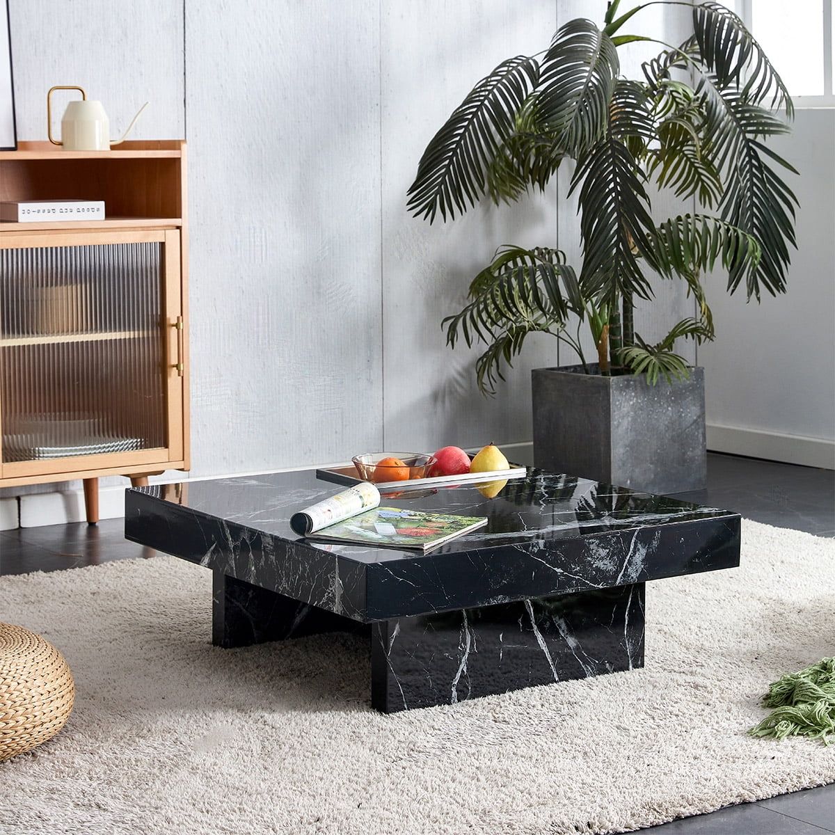 31.4" Black Faux Marble Square Coffee Table with Storage