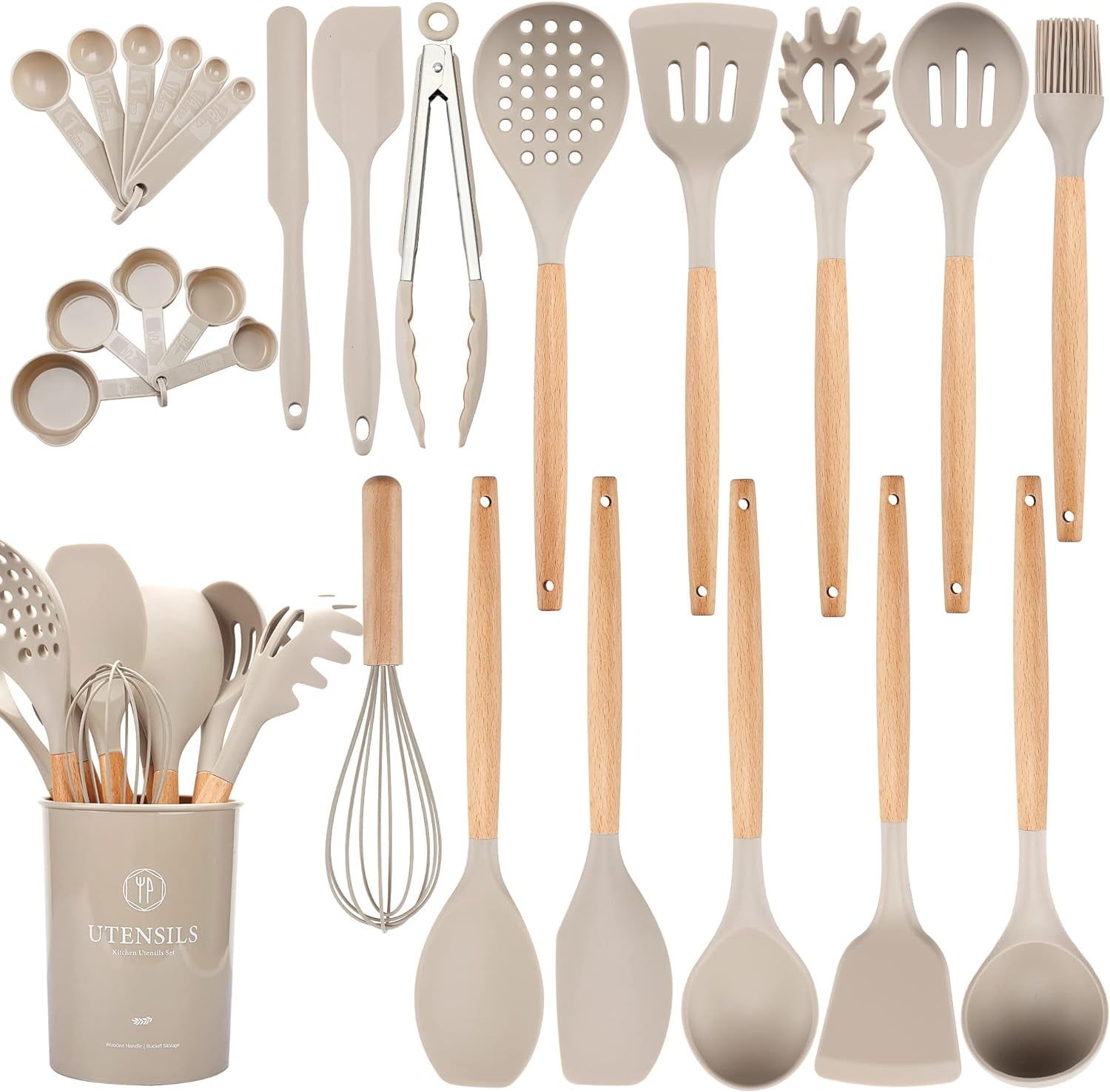 26-Piece Khaki Silicone and Wood Kitchen Utensils Set with Holder