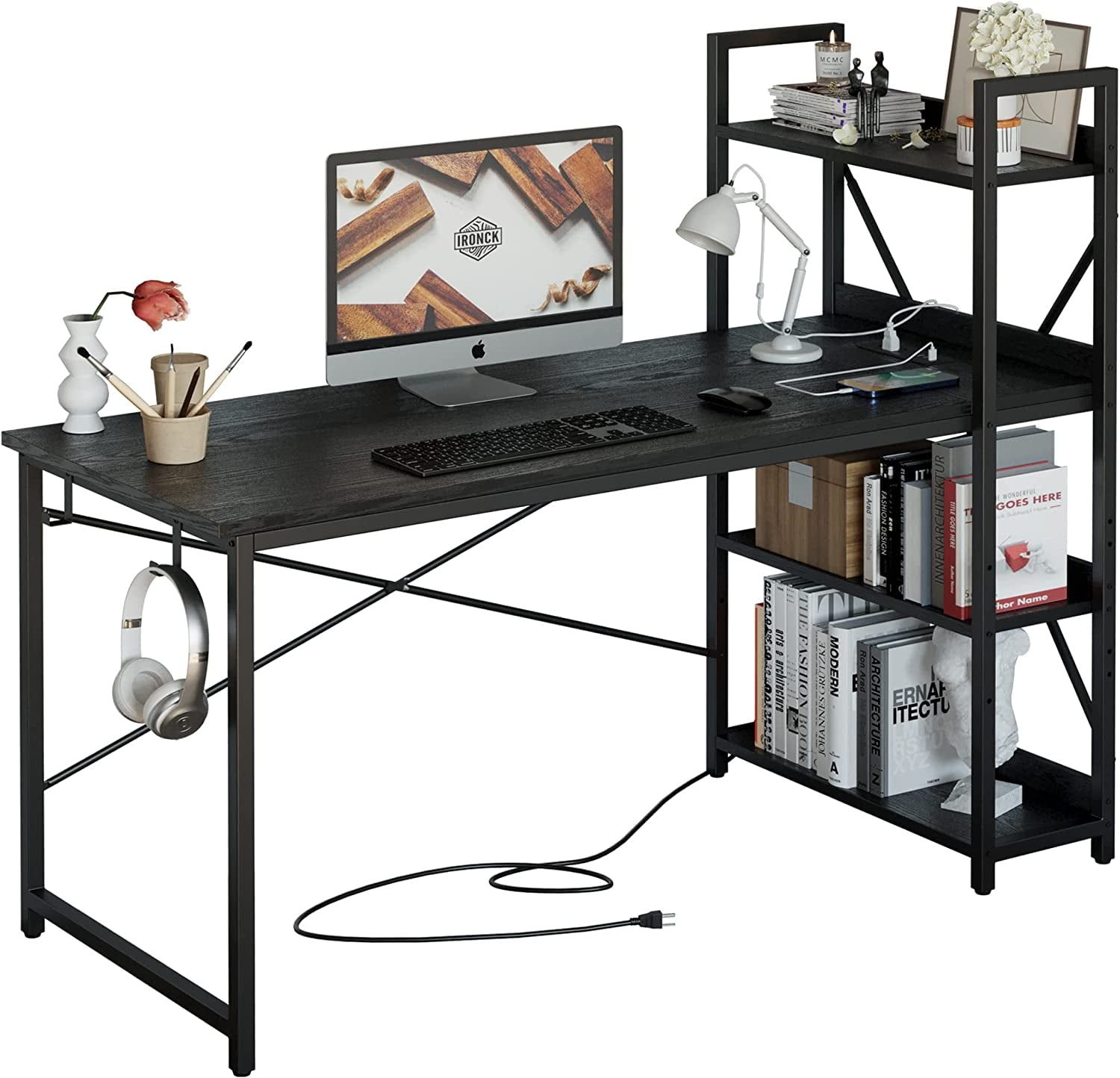 Black Industrial Computer Desk with Power Outlet and Shelves