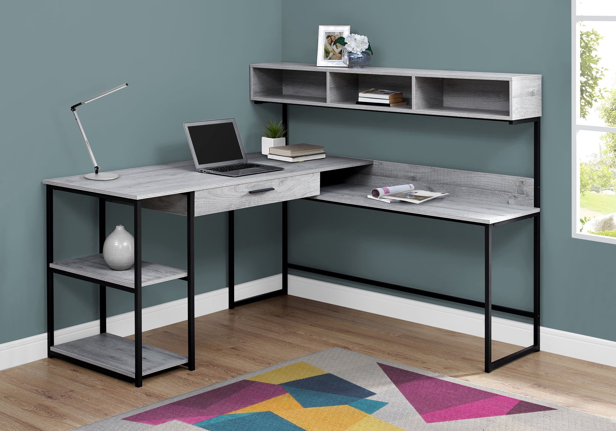 Contemporary L-Shaped Corner Computer Desk with Hutch, Drawer, and Shelves - Grey/Black