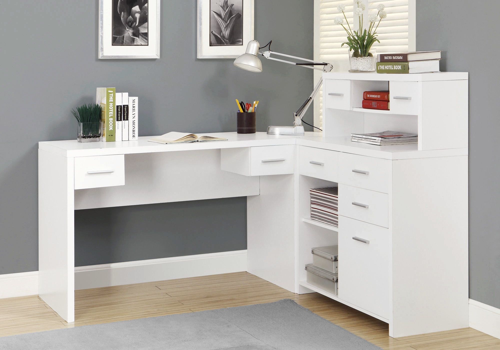 Executive White L-Shaped Corner Desk with Filing Drawer and Hutch