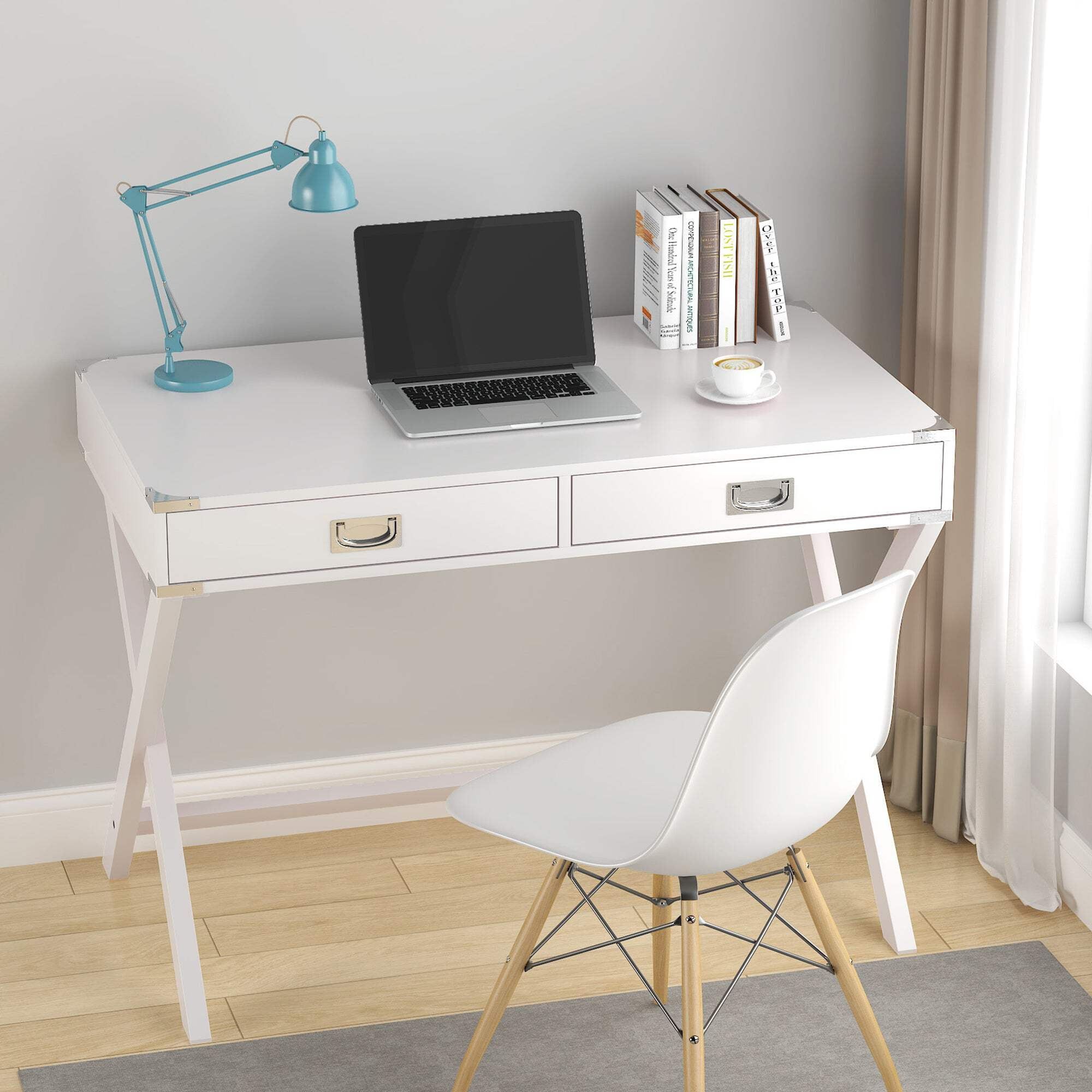 White Solid Wood and MDF Desk with Drawers