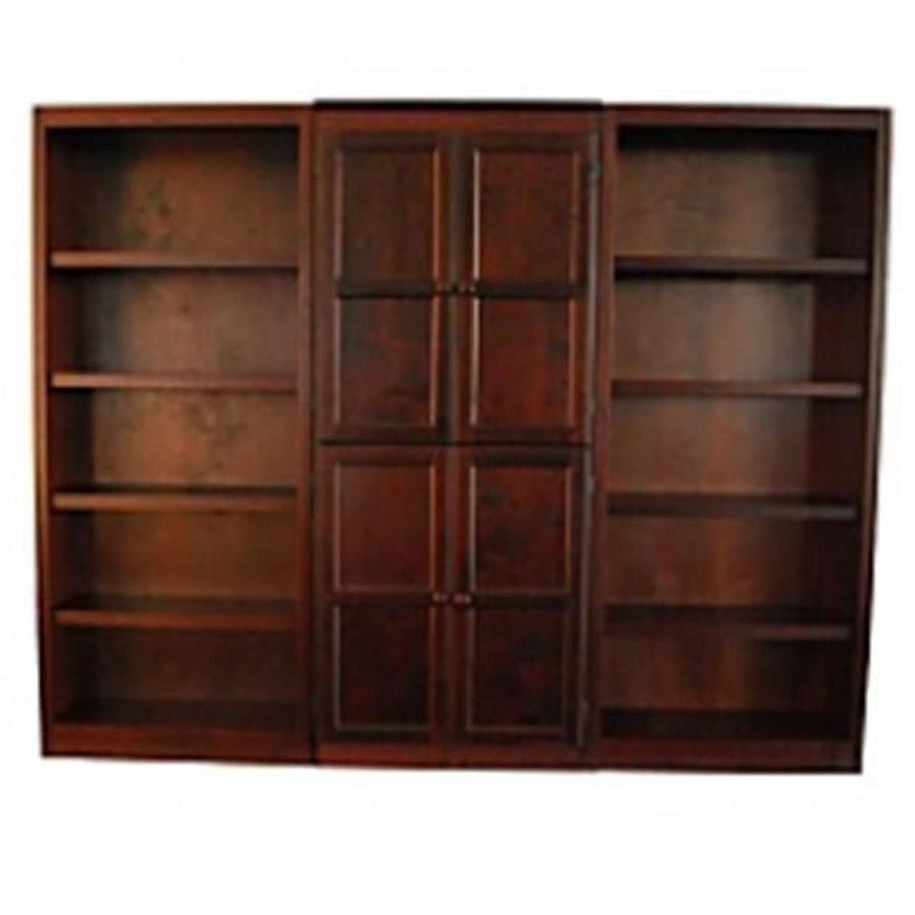 Cherry Finish Tall Wood Bookcase Wall with Adjustable Shelves and Doors