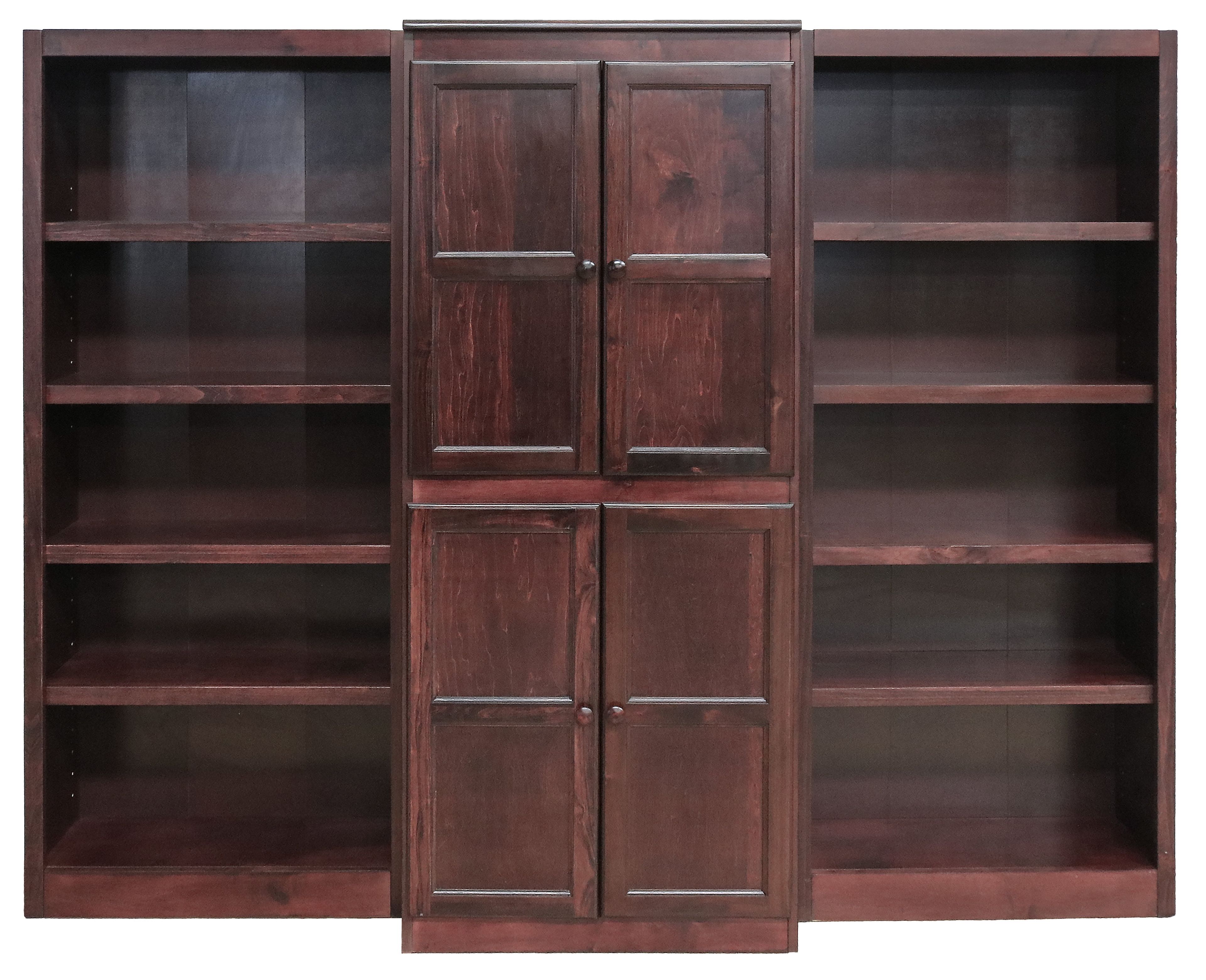 Cherry Finish Tall Wood Bookcase Wall with Adjustable Shelves and Doors