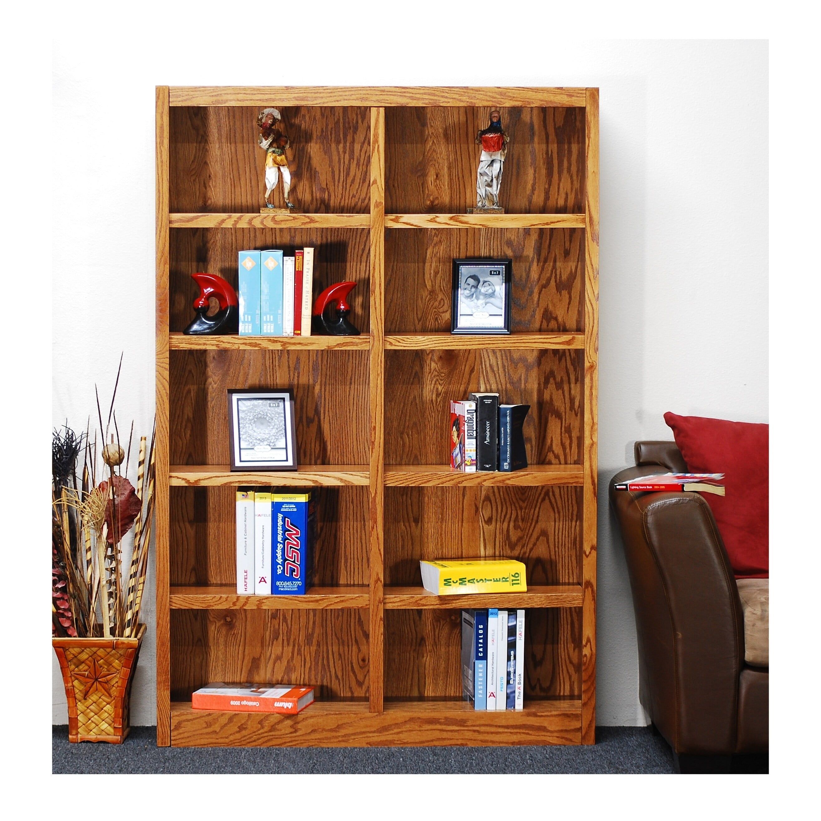 Elegant Dry Oak Wood Double Wide Bookcase with Adjustable Shelves