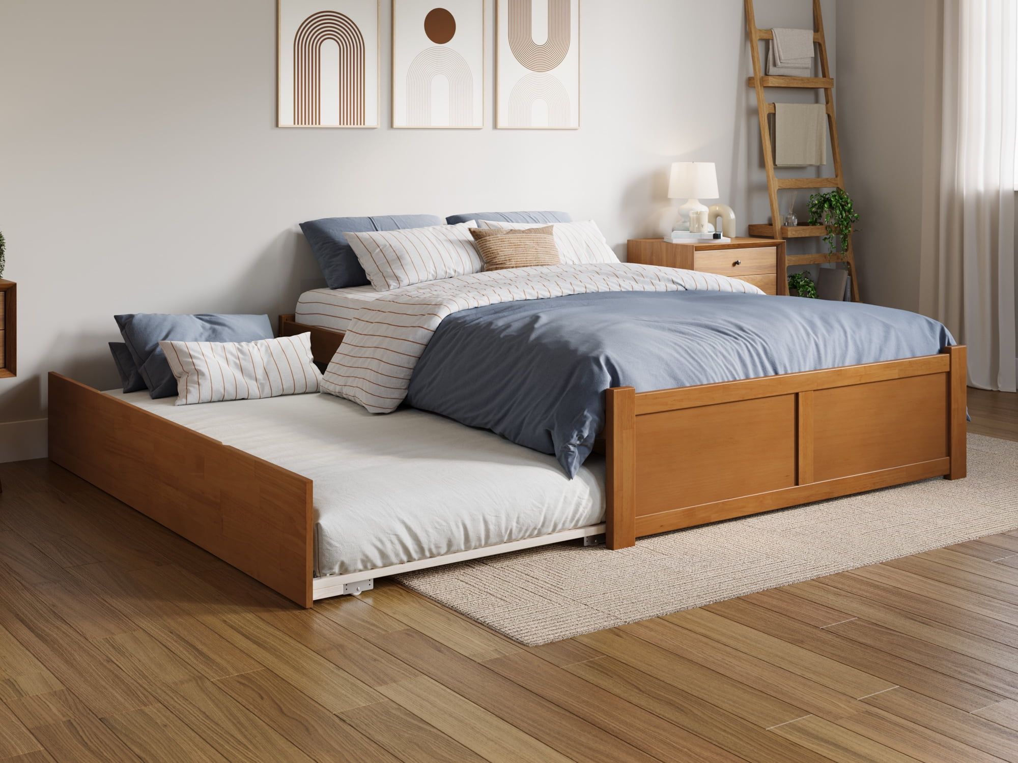 Light Toffee Full Wood Platform Bed with Trundle and Slats