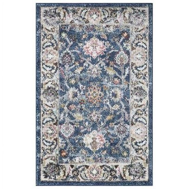 Navy and Beige Vintage Istanbul Border Area Rug, 3 x 4 ft