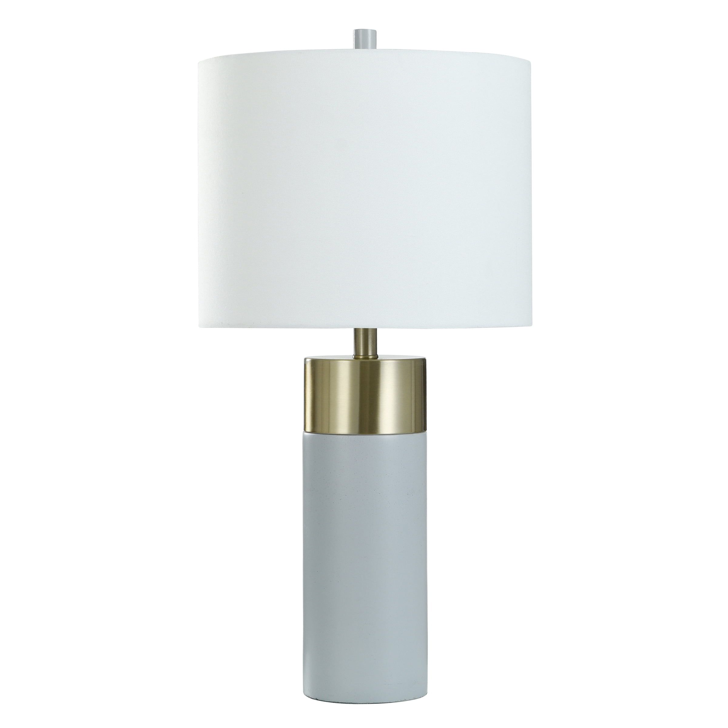 White Concrete and Brass Table Lamp with Drum Shade