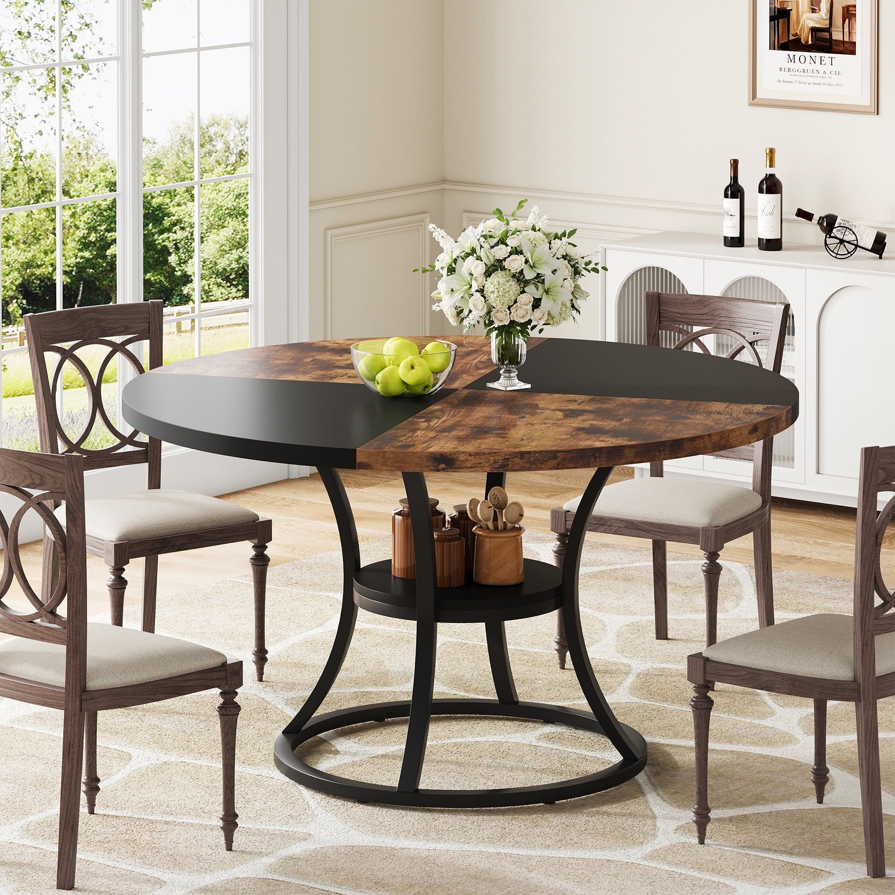 Rustic Round Reclaimed Wood Dining Table with Metal Base