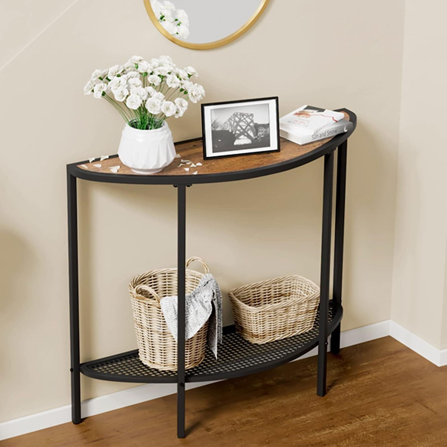 Dark Walnut and Black Metal Demilune Console Table with Storage