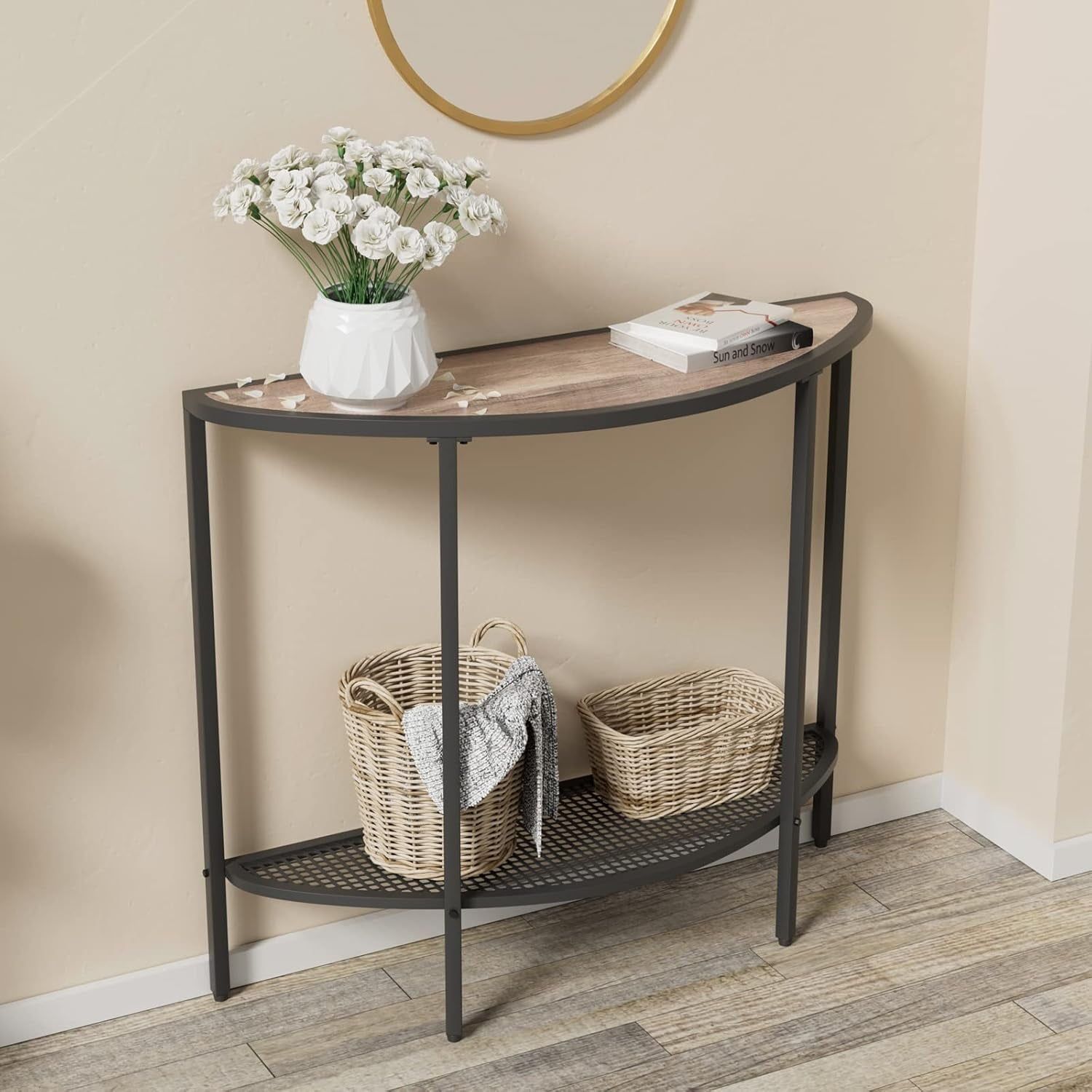 Gray and Black Half Moon Console Table with Storage Shelves