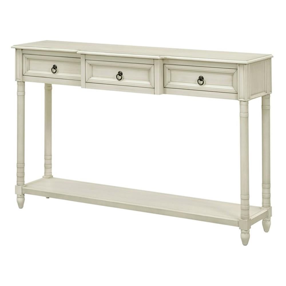 White Wood Console Table with Storage Drawers and Shelf