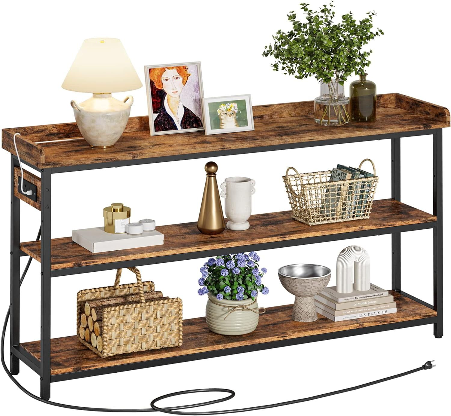 Rustic Brown 55" Adjustable Height Console Table with Power Outlet