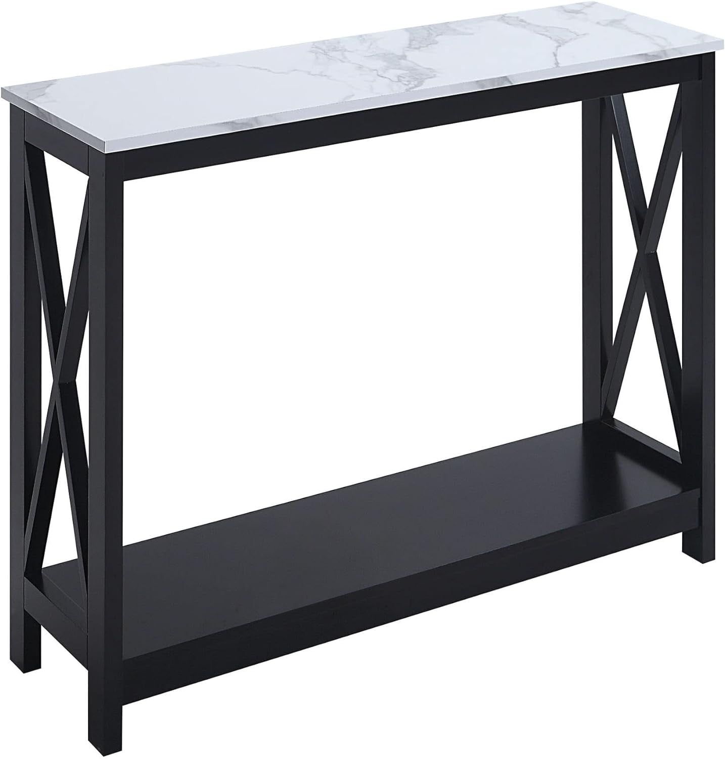 White Faux Marble and Black Console Table with Shelf