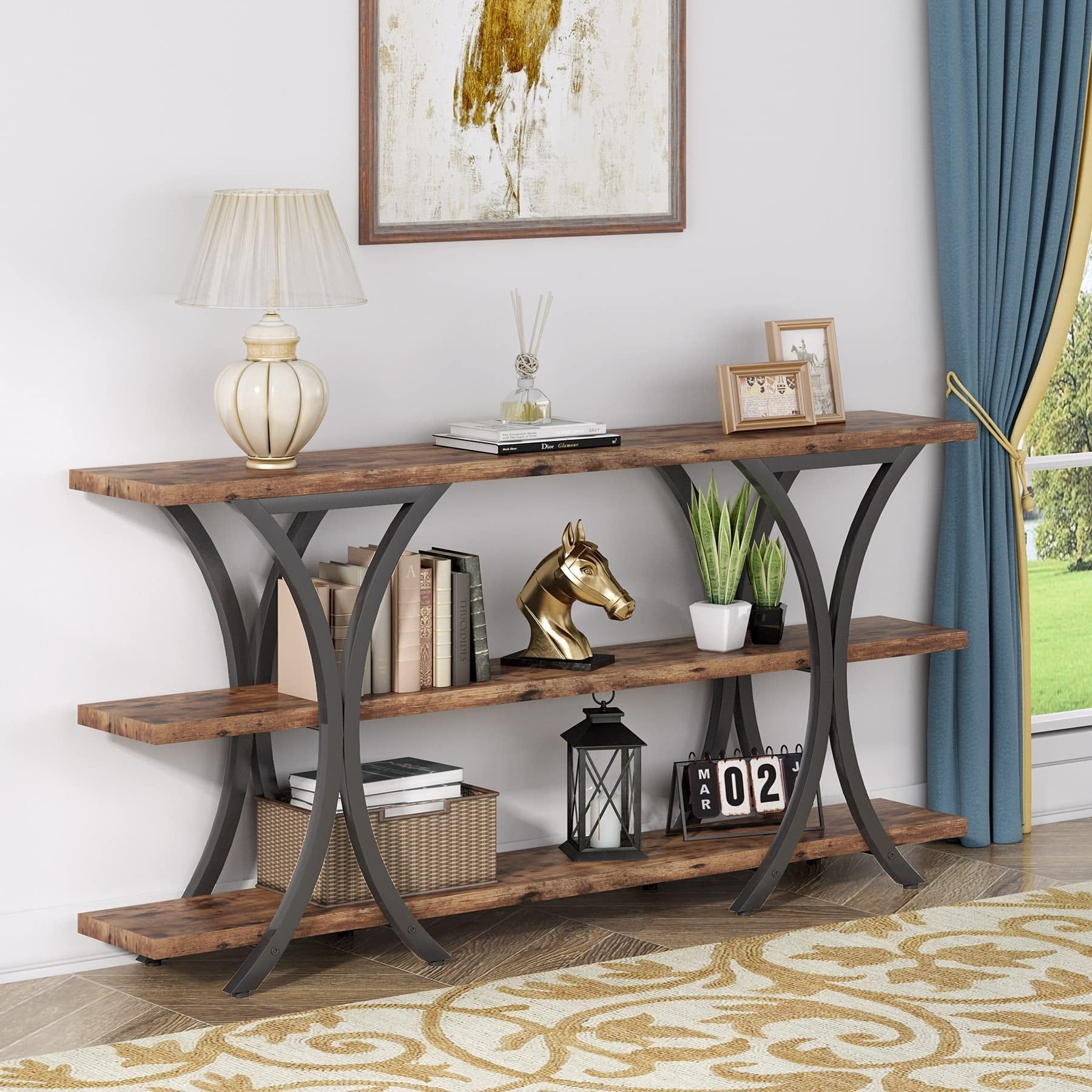 Industrial Brown Wood and Metal Console Table with Storage Shelves