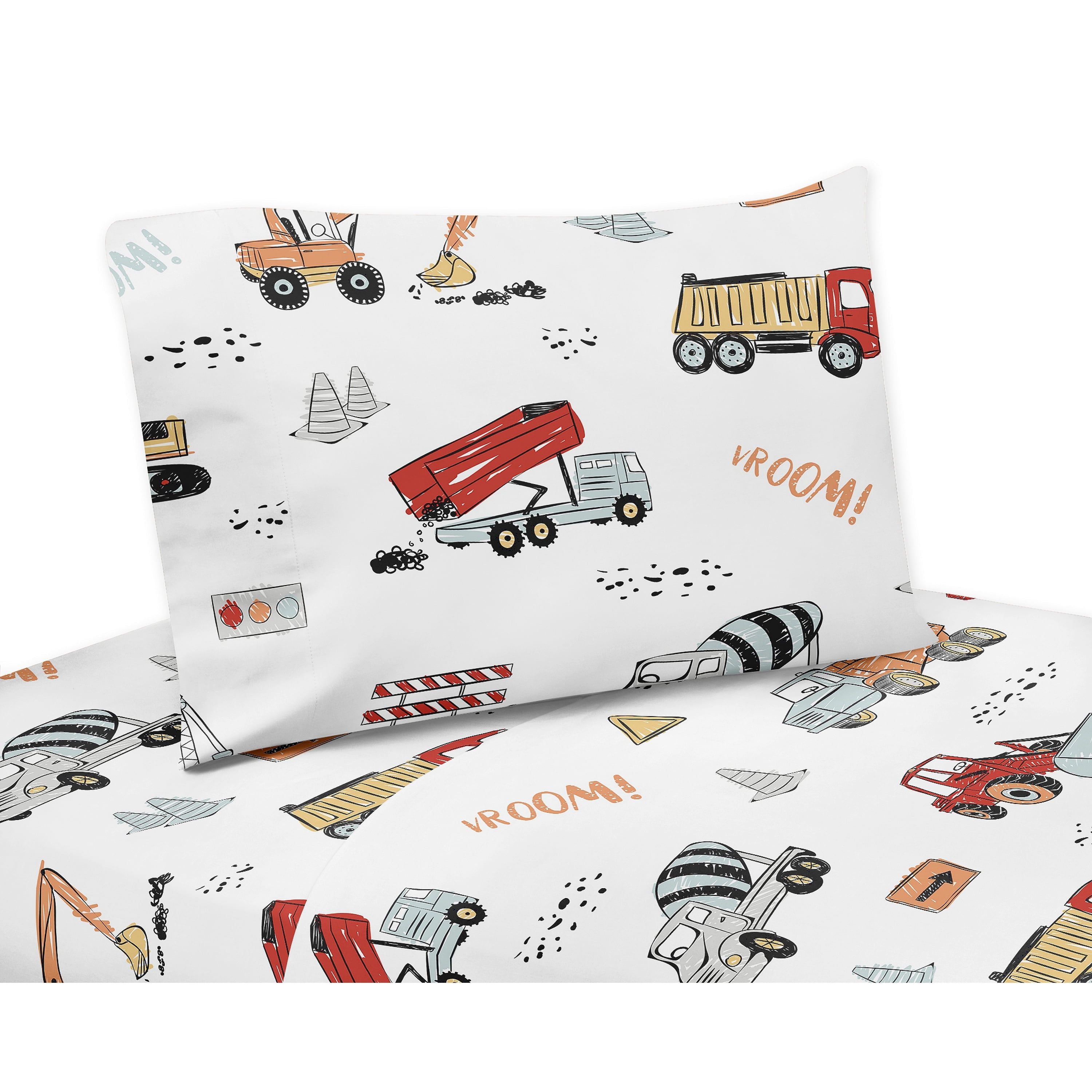 Blue Construction Truck Print Microfiber Queen Sheet Set