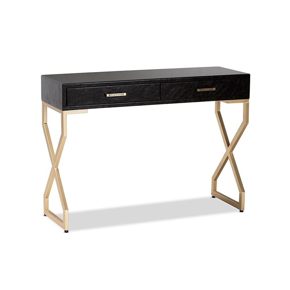 Carville Gold-Finished Metal & Dark Brown Faux Leather Console Table with Glass Top