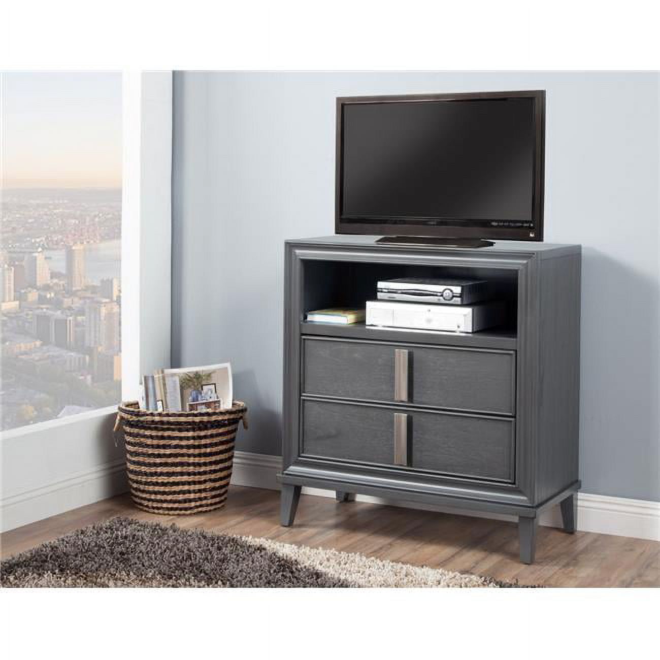 Contemporary Dark Gray Pine TV Console Cabinet with Drawers