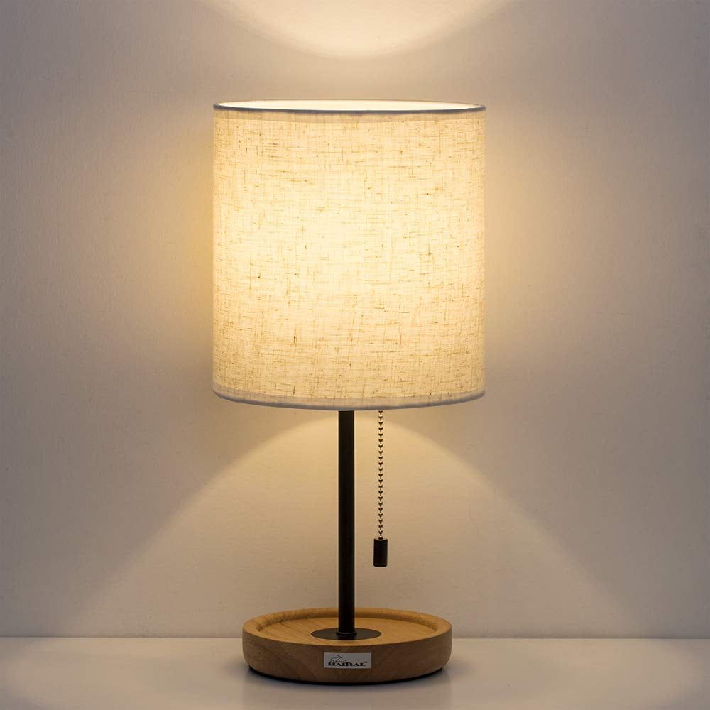 Modern White Linen Shade Table Lamp with Wooden Base