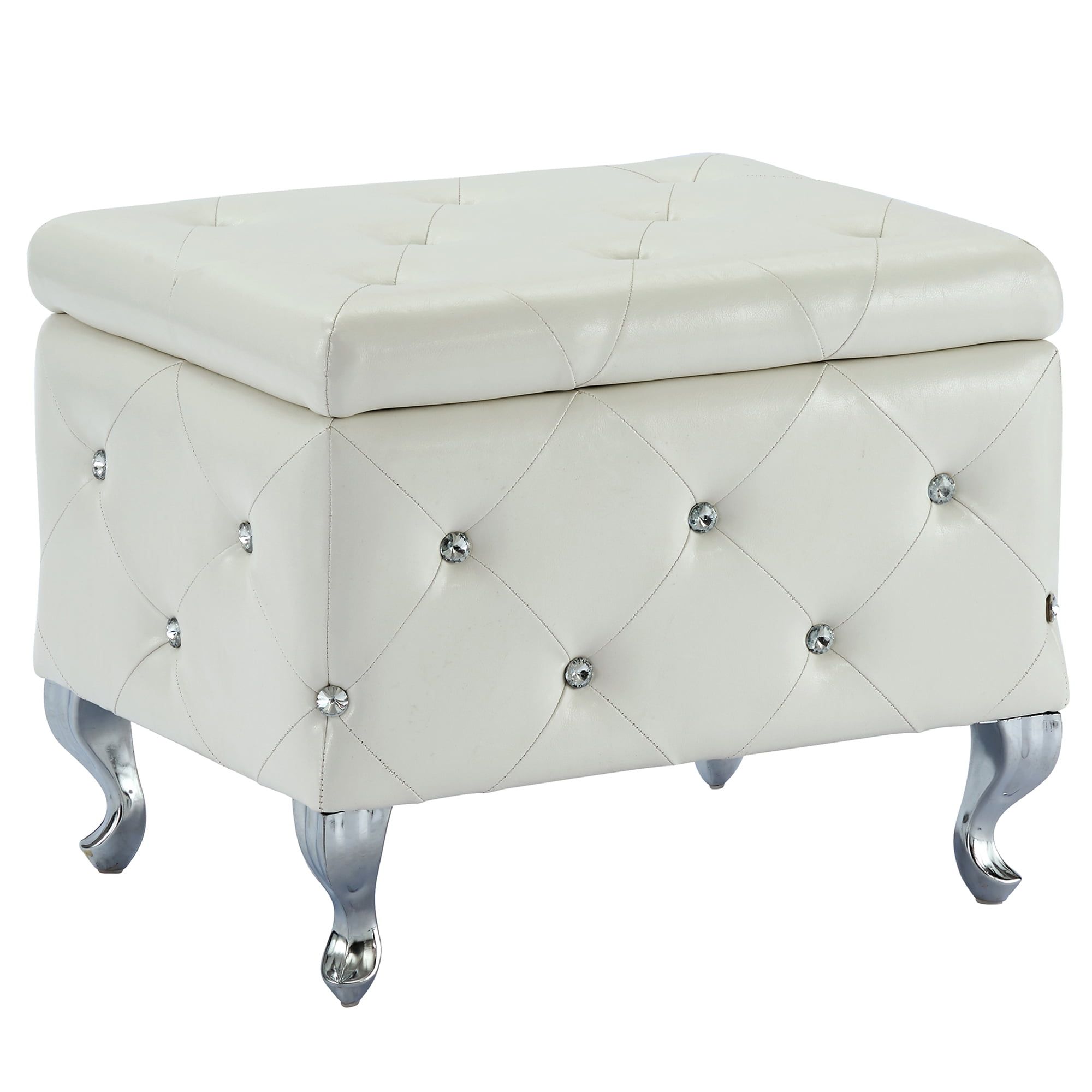 White Faux Leather & Chrome Square Storage Ottoman