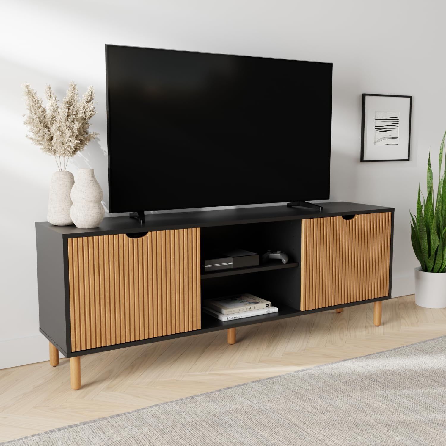 Contemporary Fluted Black and Oak Media Console with Storage