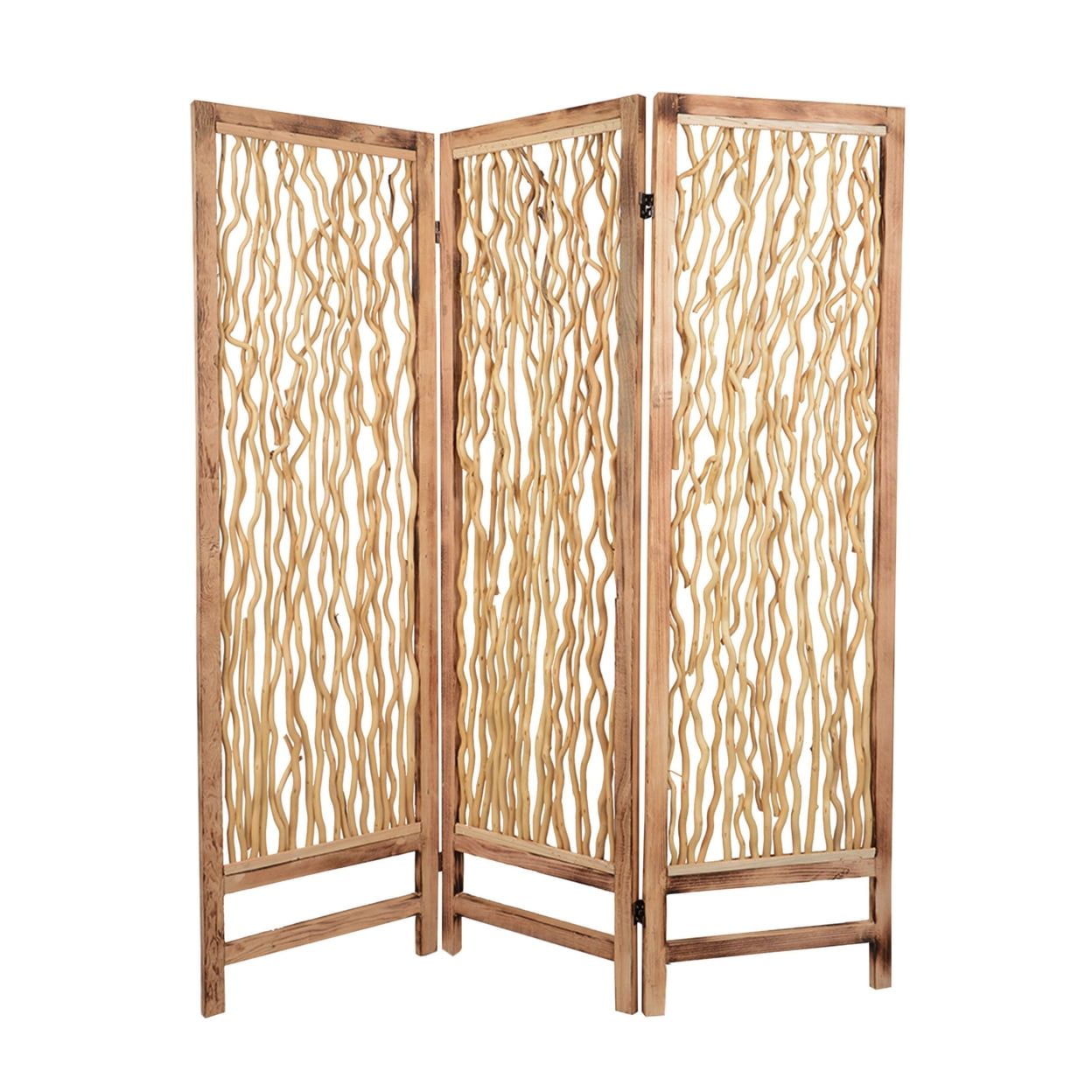 Natural Wood 3-Panel Folding Room Divider with Willow Branches