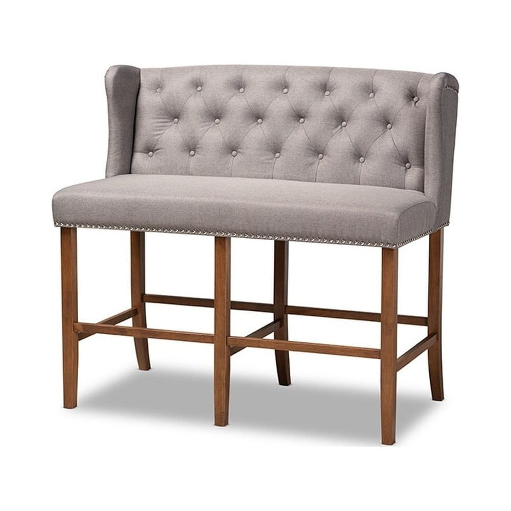 Gray Fabric Upholstered Walnut Wood Button Tufted Bar Stool Bench