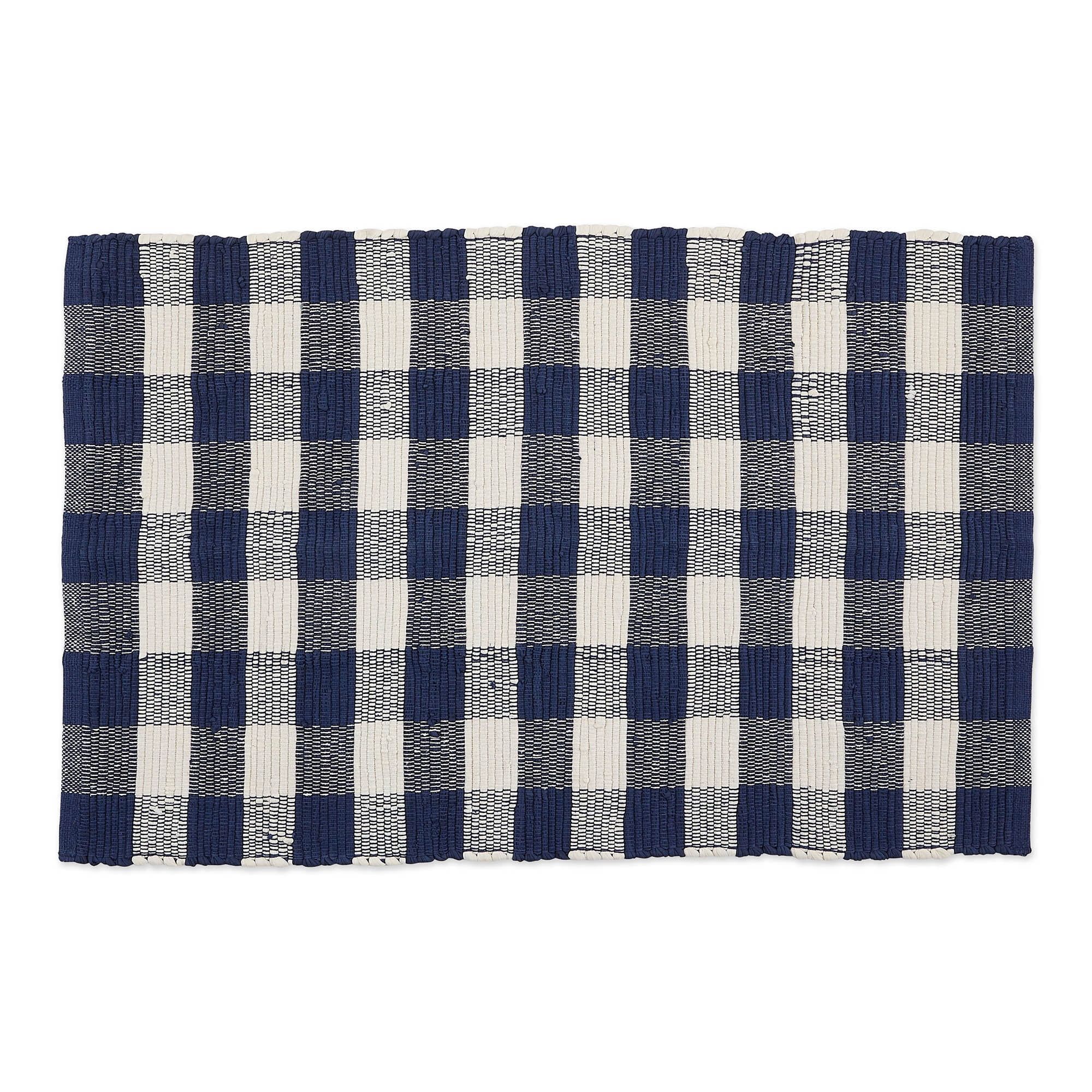 Navy Blue and Cream White Cotton Buffalo Check Rag Rug 40" x 26"