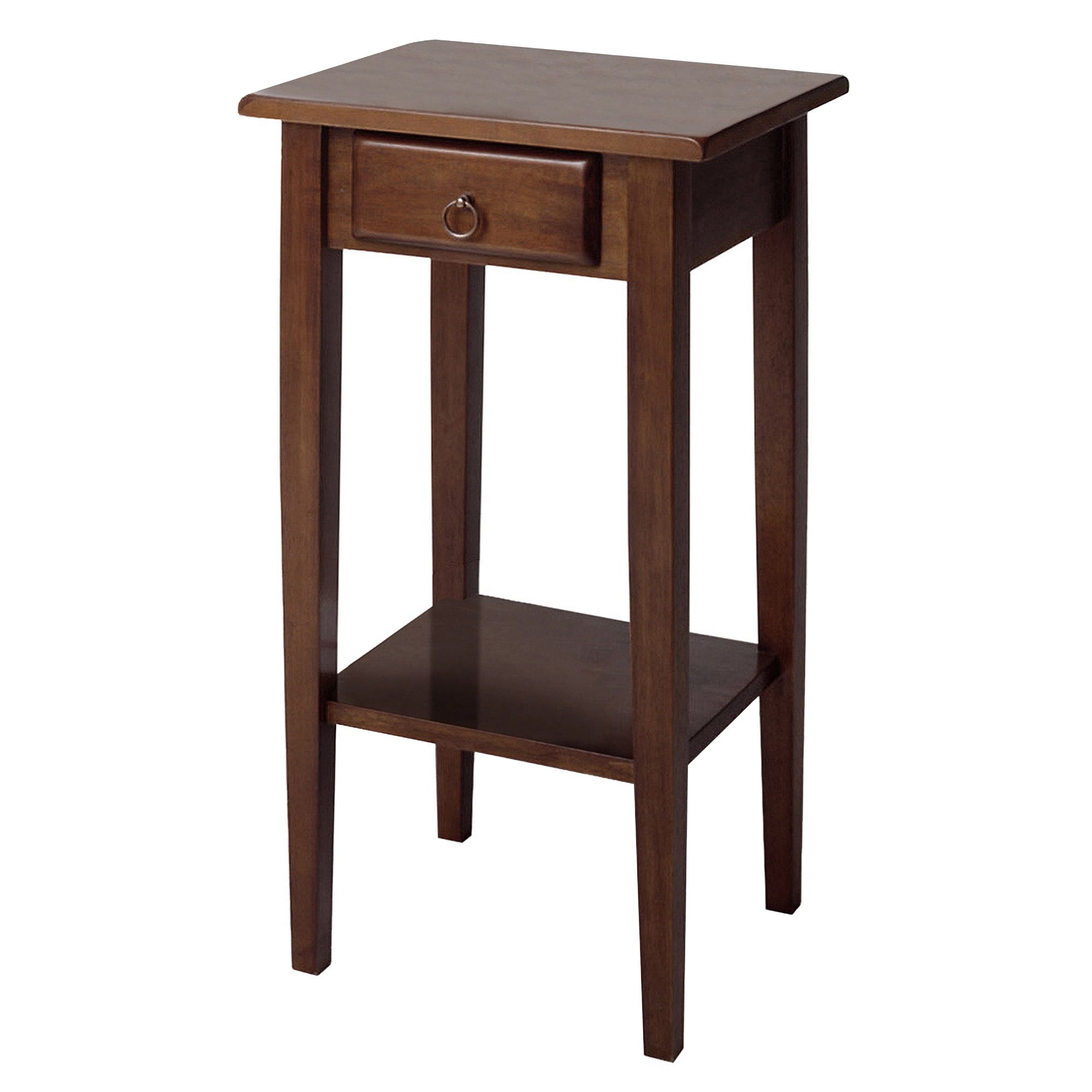 Warm Antique Walnut Wood Accent Table with Drawer and Shelf