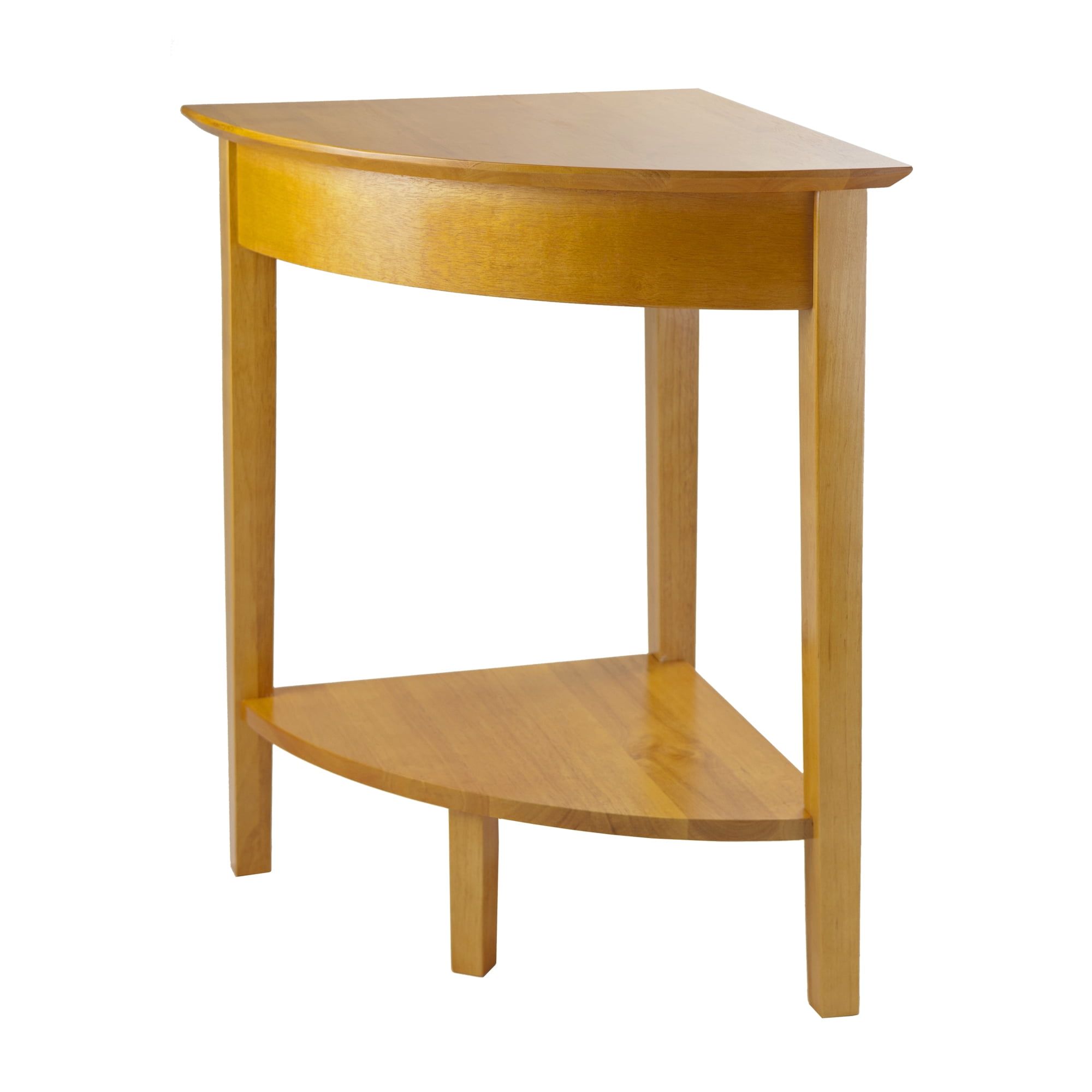 Elegant Honey Pine Wood Corner Table with Lower Storage Shelf